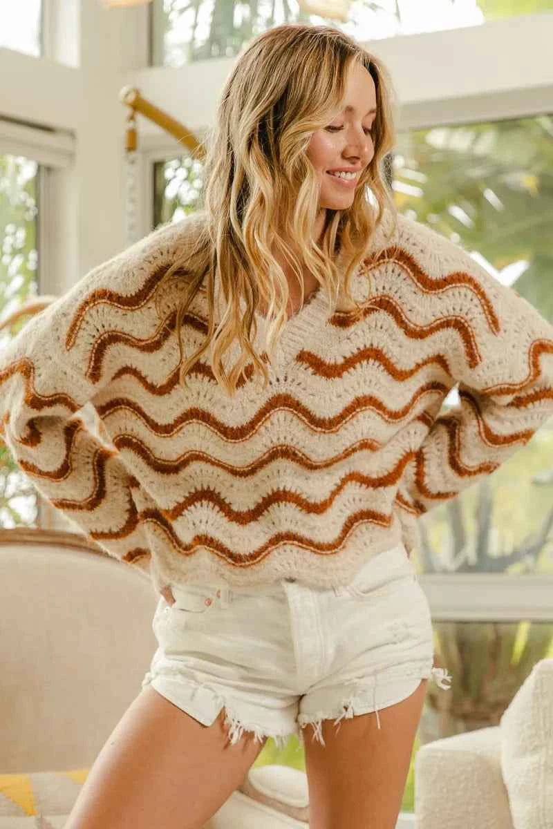 BiBi Wavy Stripes V-Neck Cropped Sweater