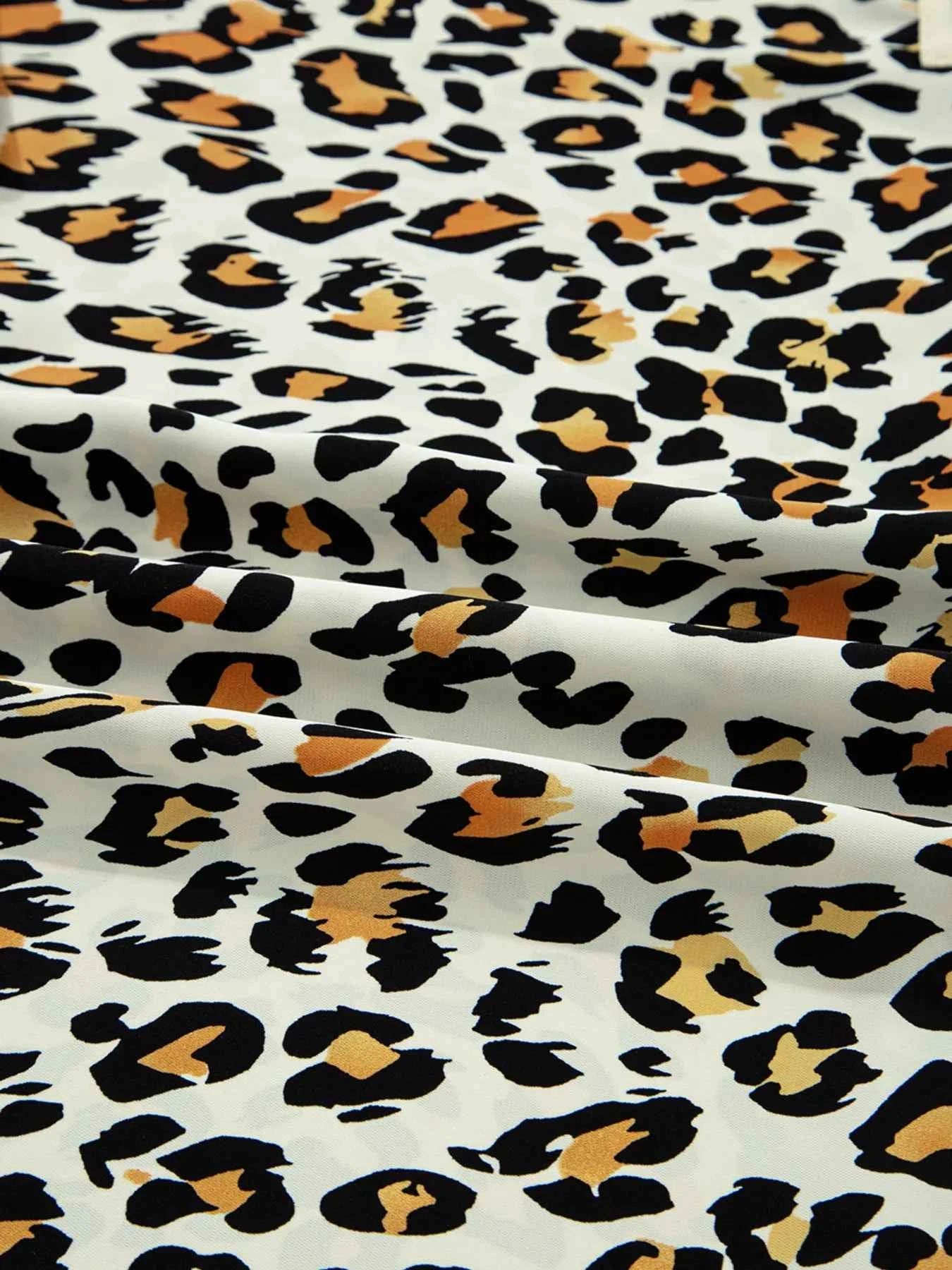 Leopard Print Contrast Striped V Neck Blouse
