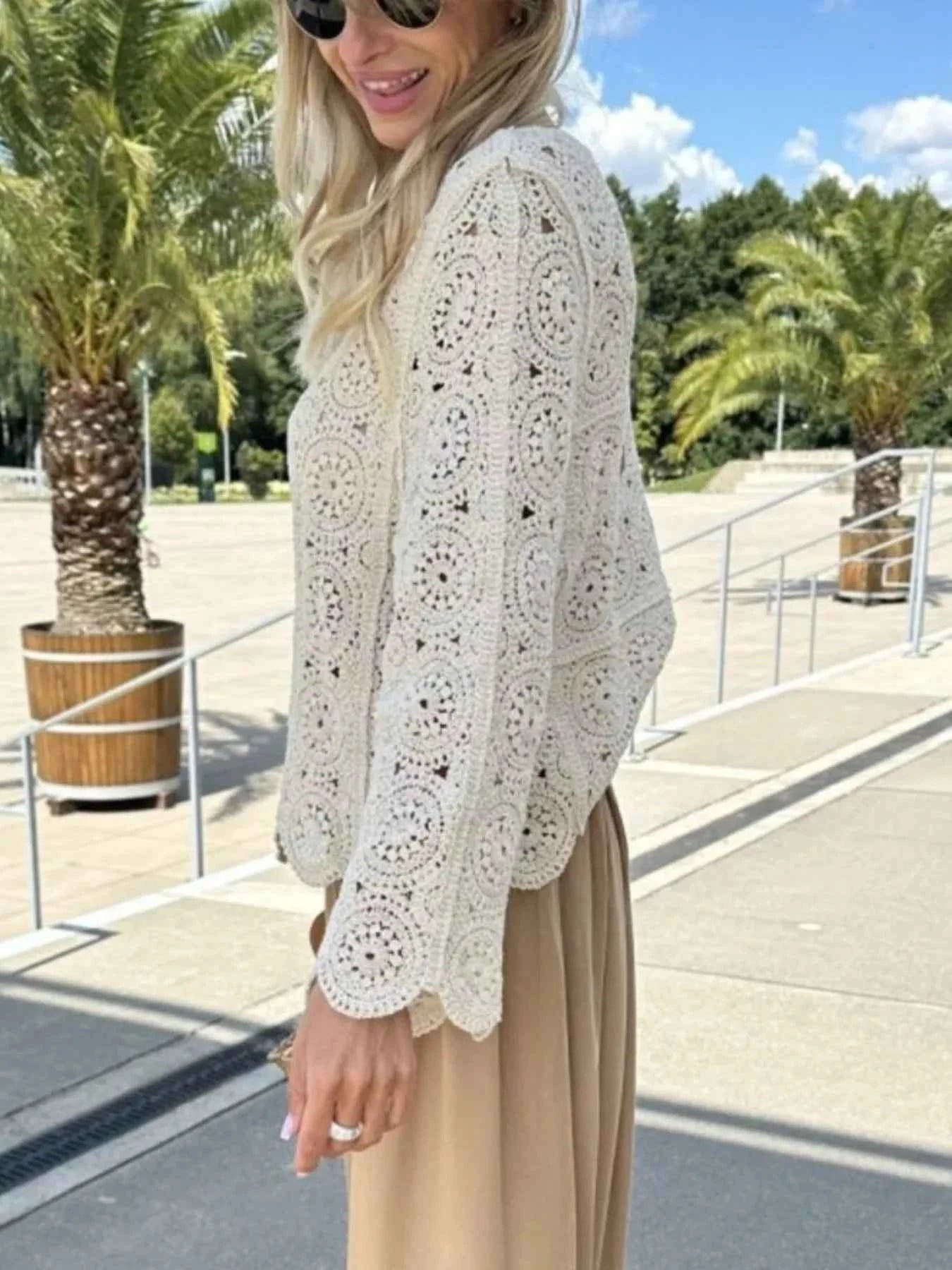 Crochet Lace V-Neck Bell Sleeve Knit Top