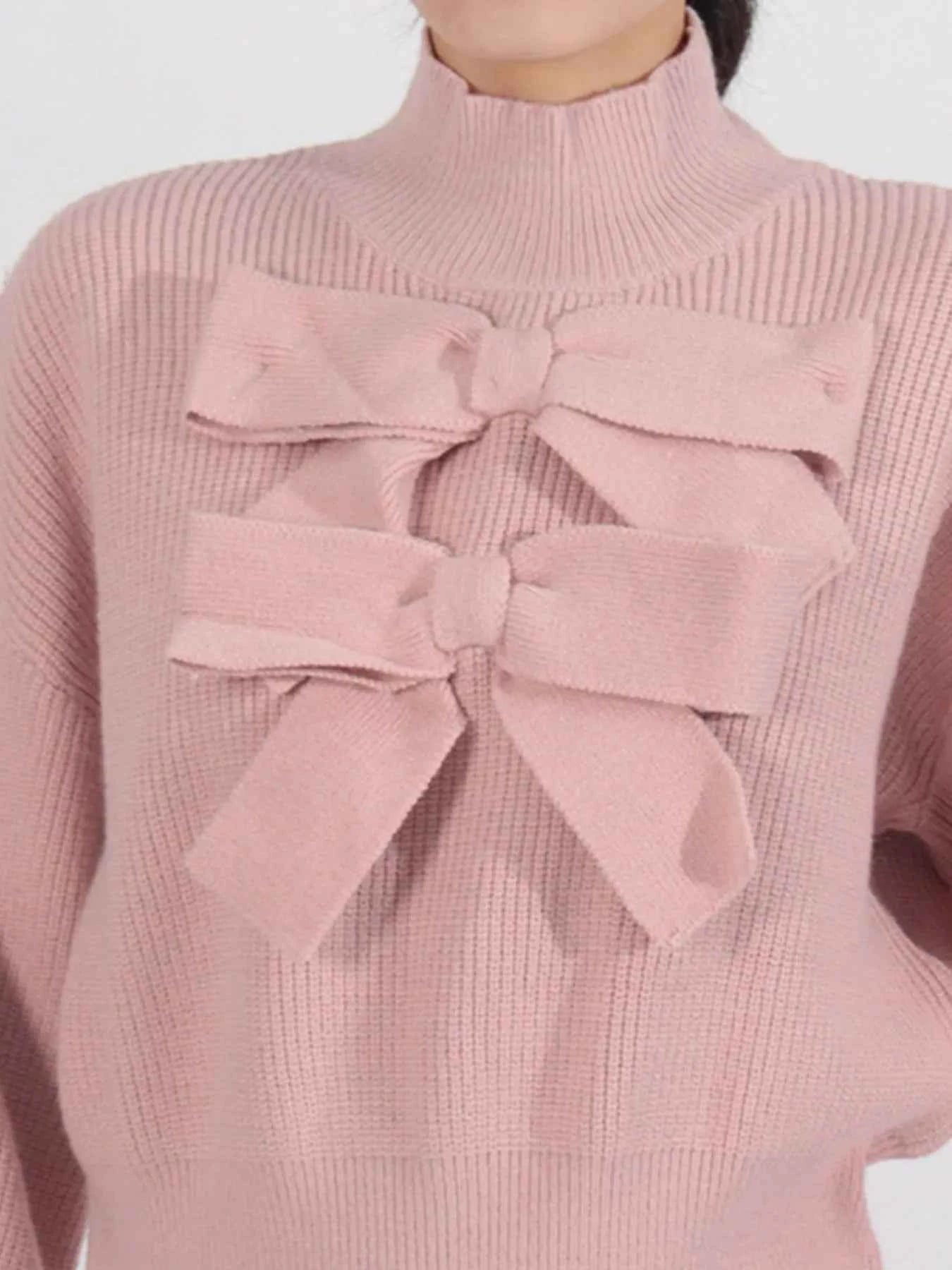 Bow Front Turtleneck Long Sleeve Sweater
