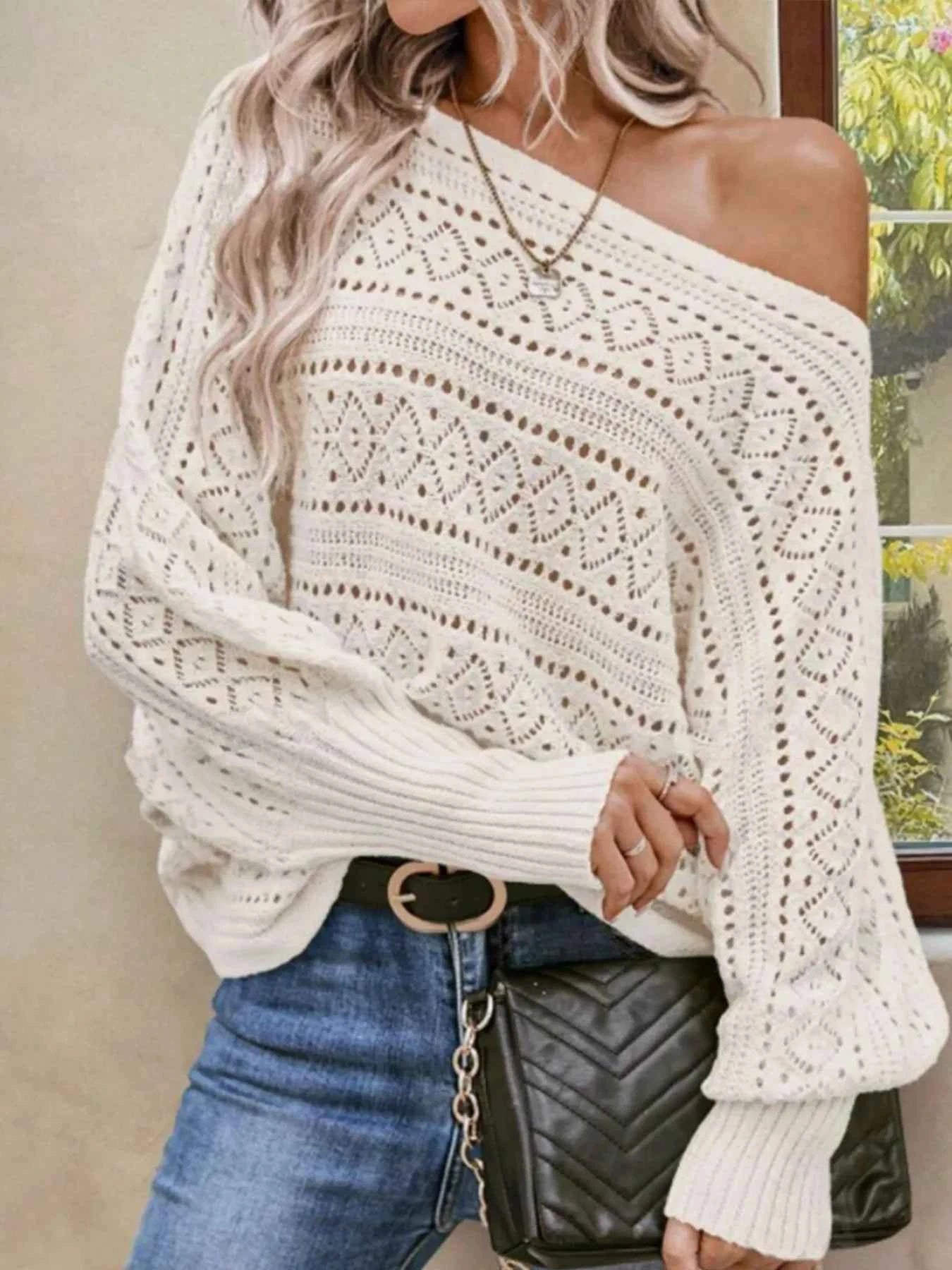 Openwork Boat Neck Lantern Sleeve Sweater
