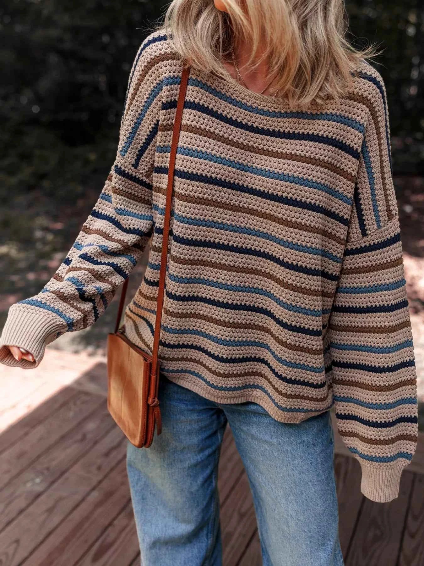 Multicolour Striped Knitted Drop Shoulder Round Neck Sweater