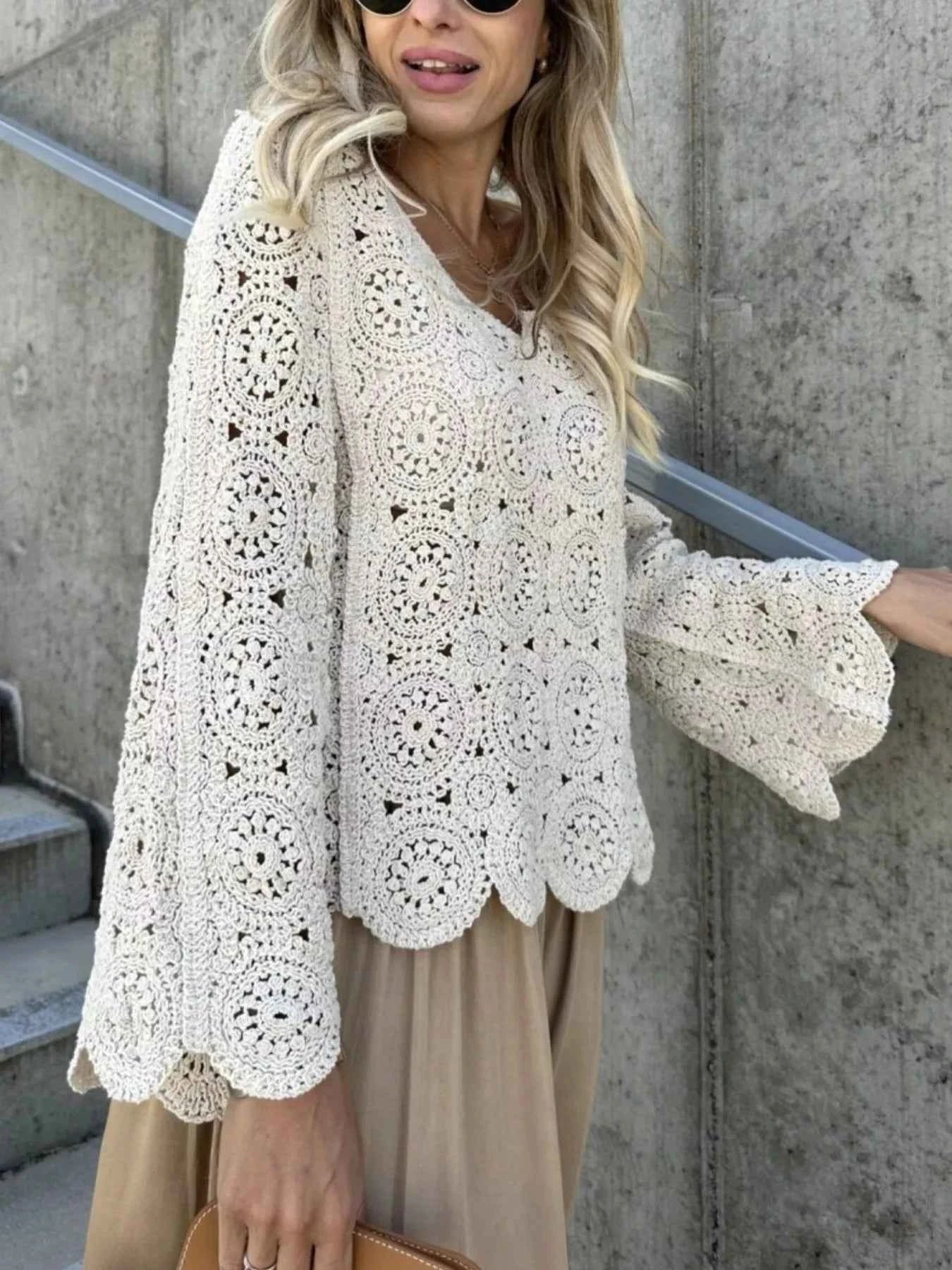 Crochet Lace V-Neck Bell Sleeve Knit Top