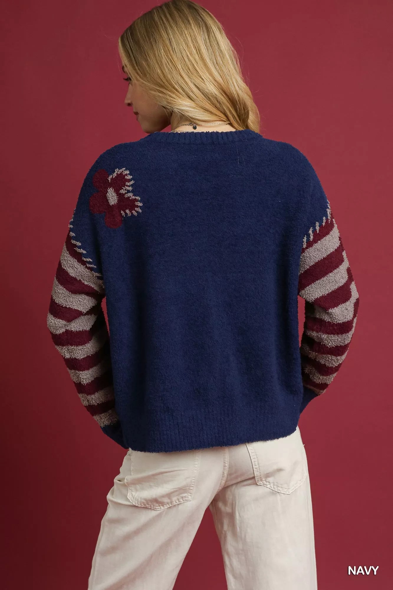 Umgee Flower Jacquard Striped Long Sleeve Sweater - SUBSTYEL