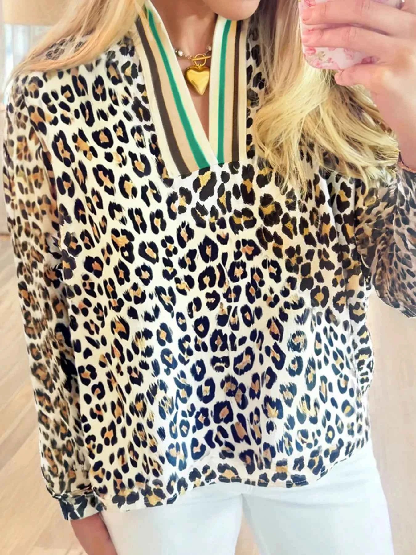 Leopard Print Contrast Striped V Neck Blouse