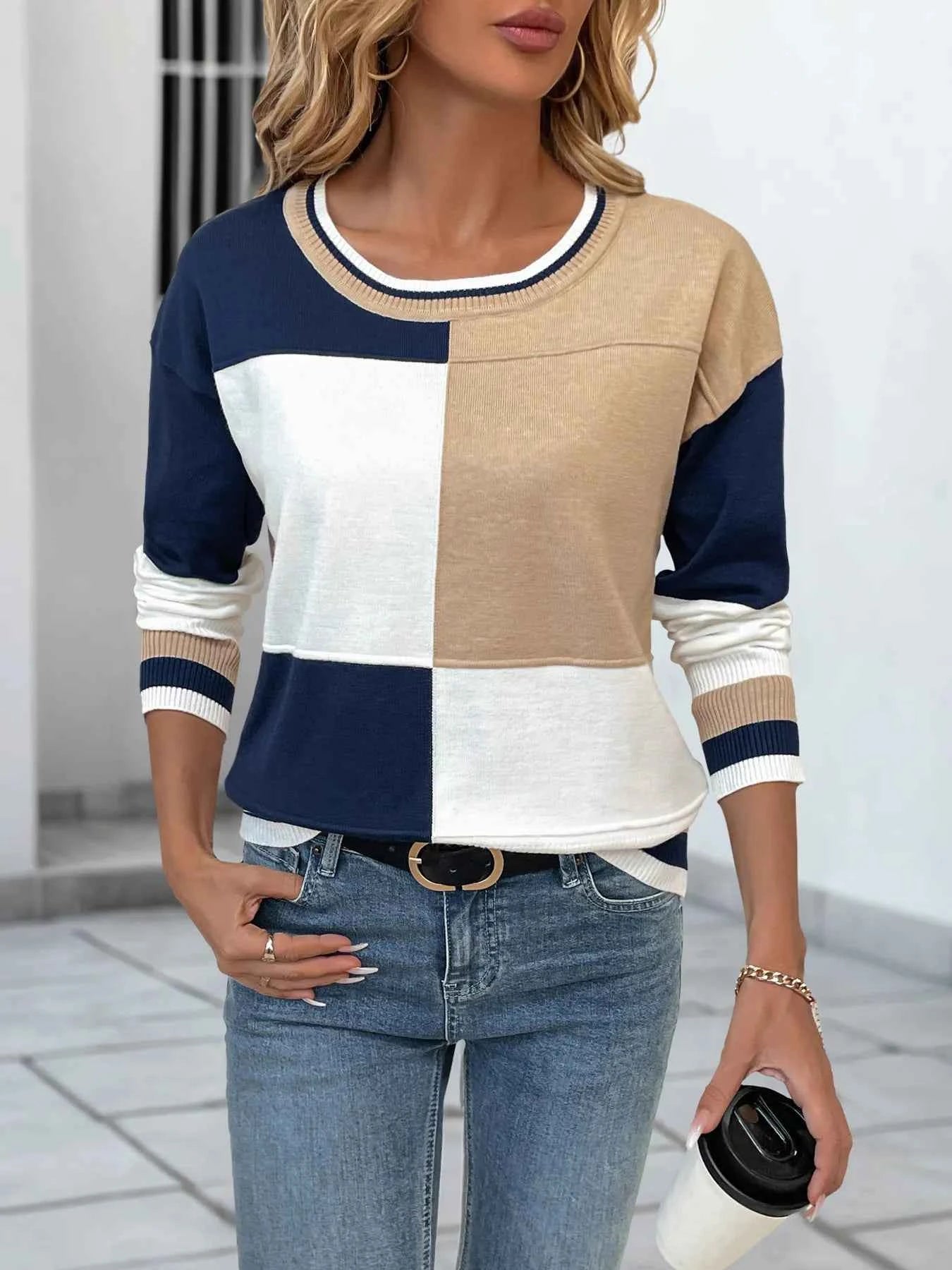 Color Block Round Neck Sweater with Ribbed Trim