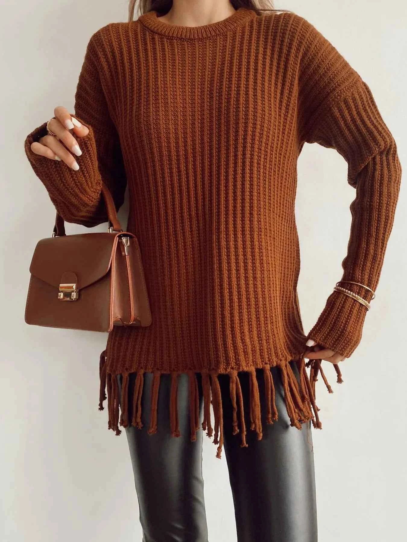 Fringe Round Neck Long Sleeve Sweater
