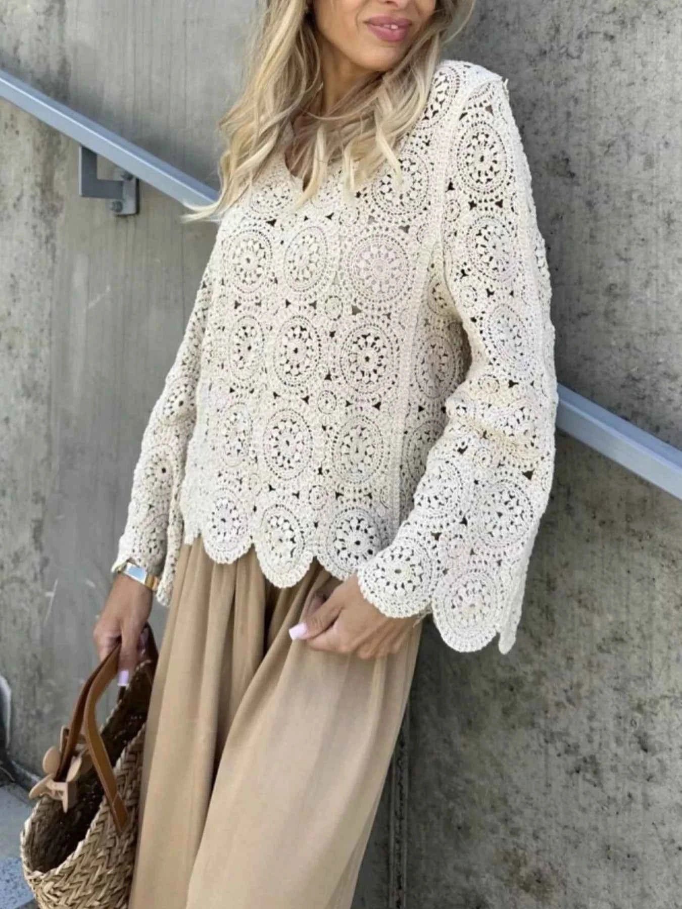 Crochet Lace V-Neck Bell Sleeve Knit Top
