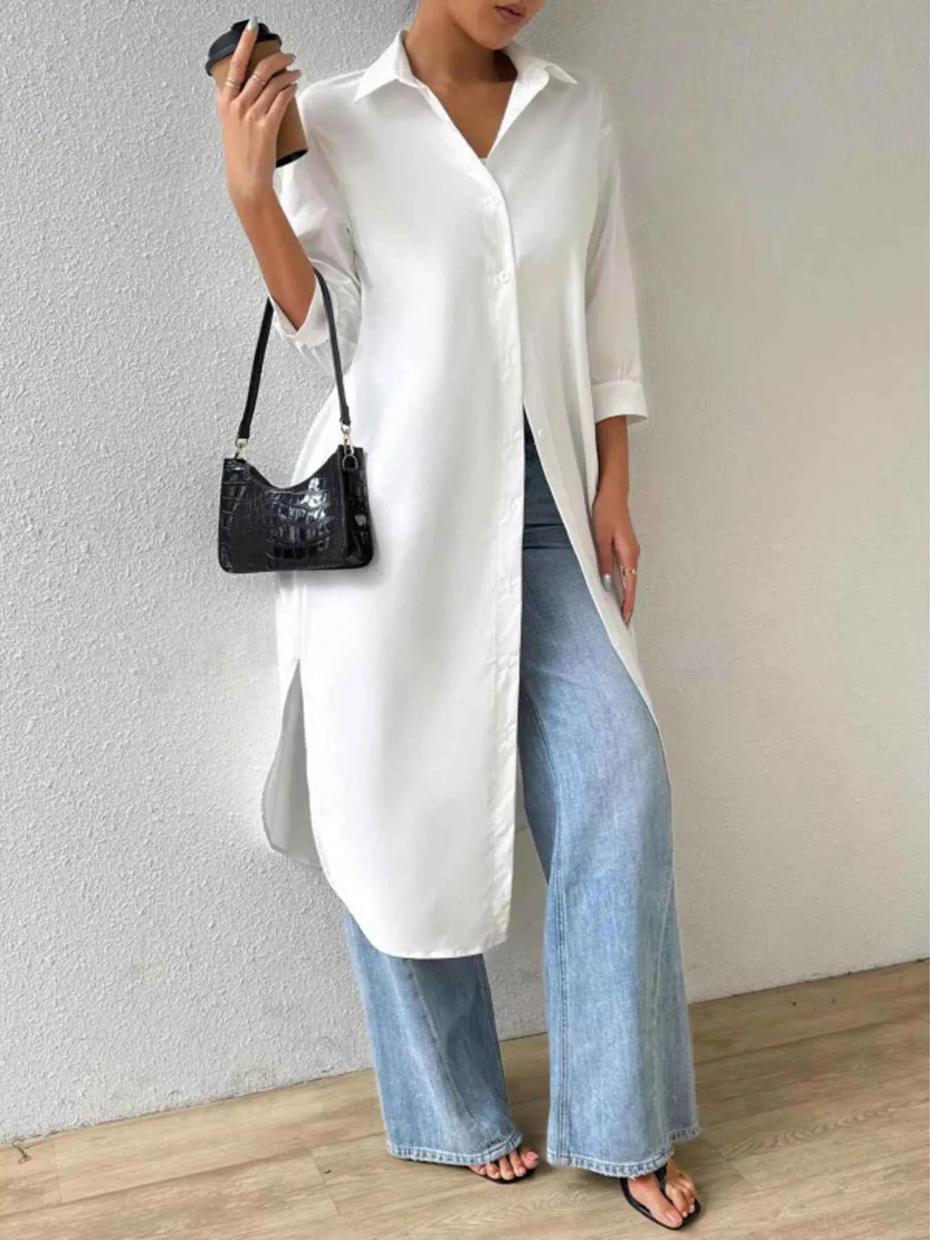 Button-Up Long Sleeve Longline Shirt