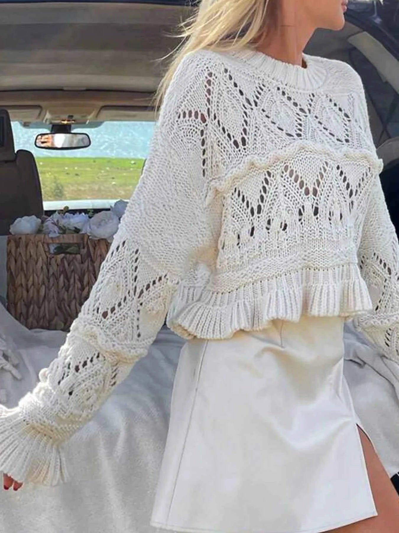 Crochet Ruffled Hem Long Sleeve Sweater