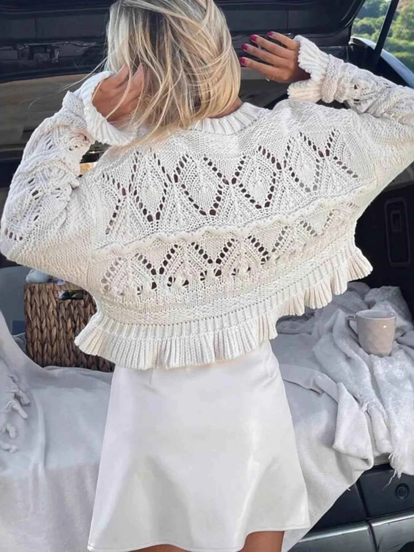 Crochet Ruffled Hem Long Sleeve Sweater