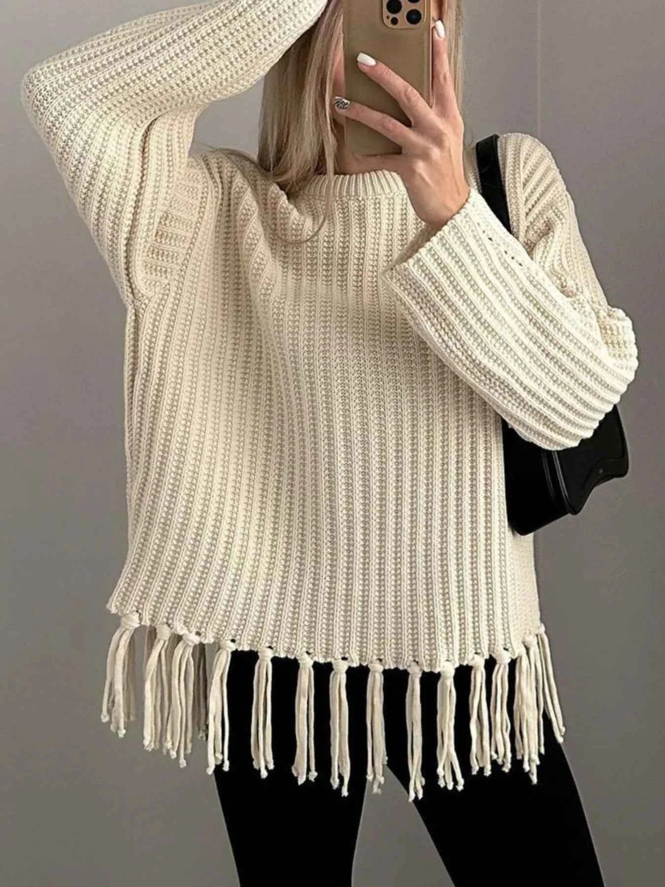 Fringe Round Neck Long Sleeve Sweater