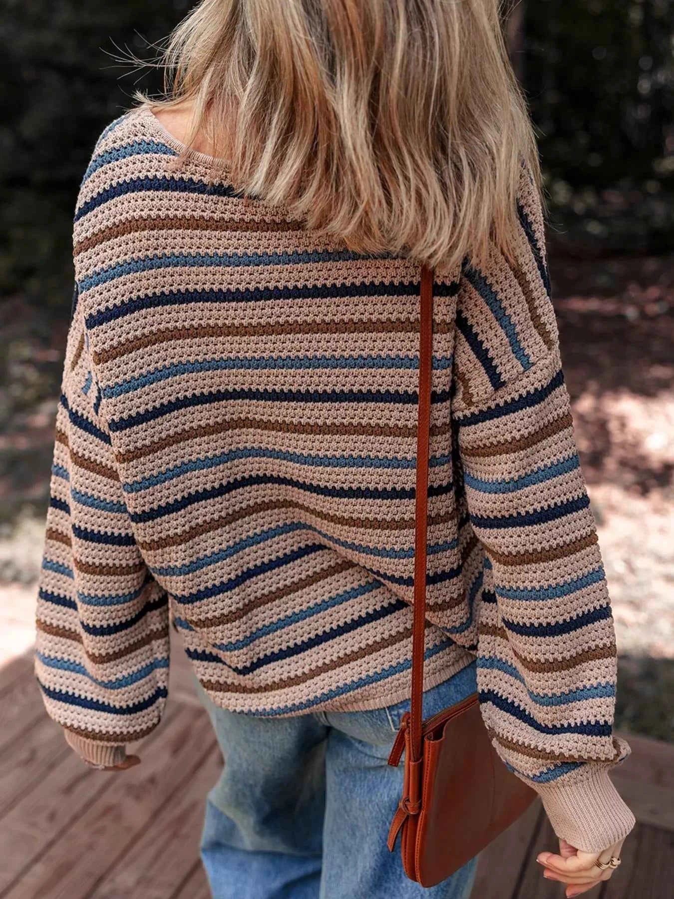 Multicolour Striped Knitted Drop Shoulder Round Neck Sweater