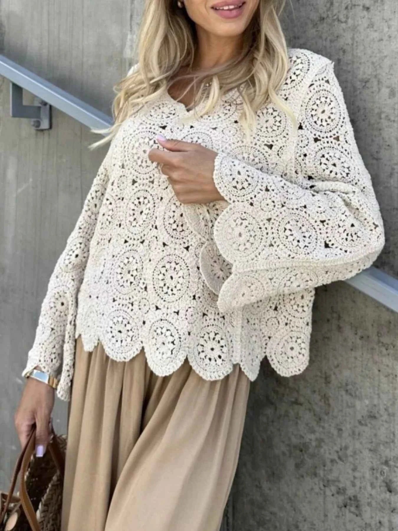 Crochet Lace V-Neck Bell Sleeve Knit Top