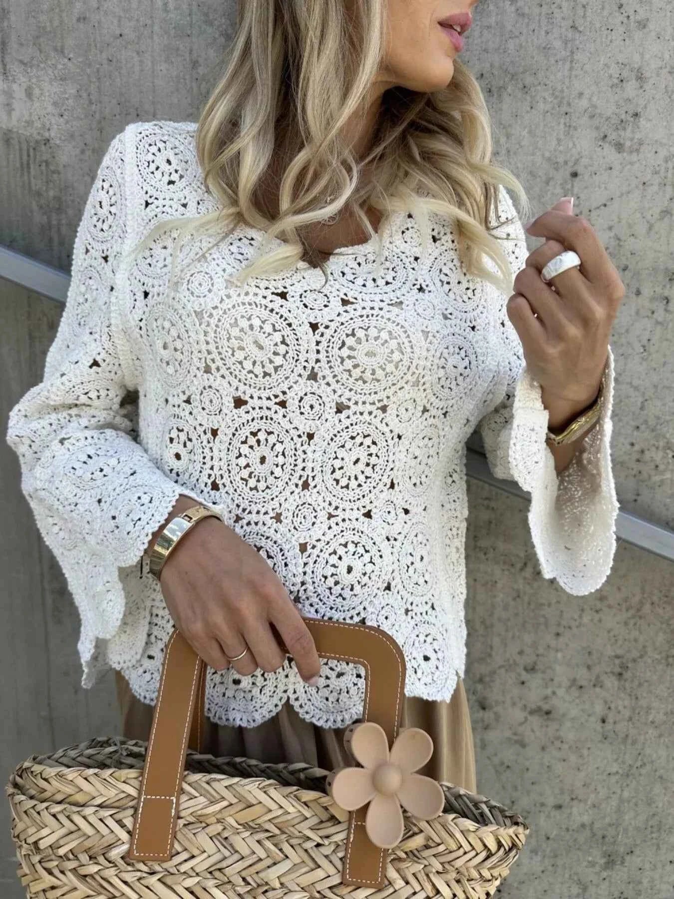 Crochet Lace V-Neck Bell Sleeve Knit Top