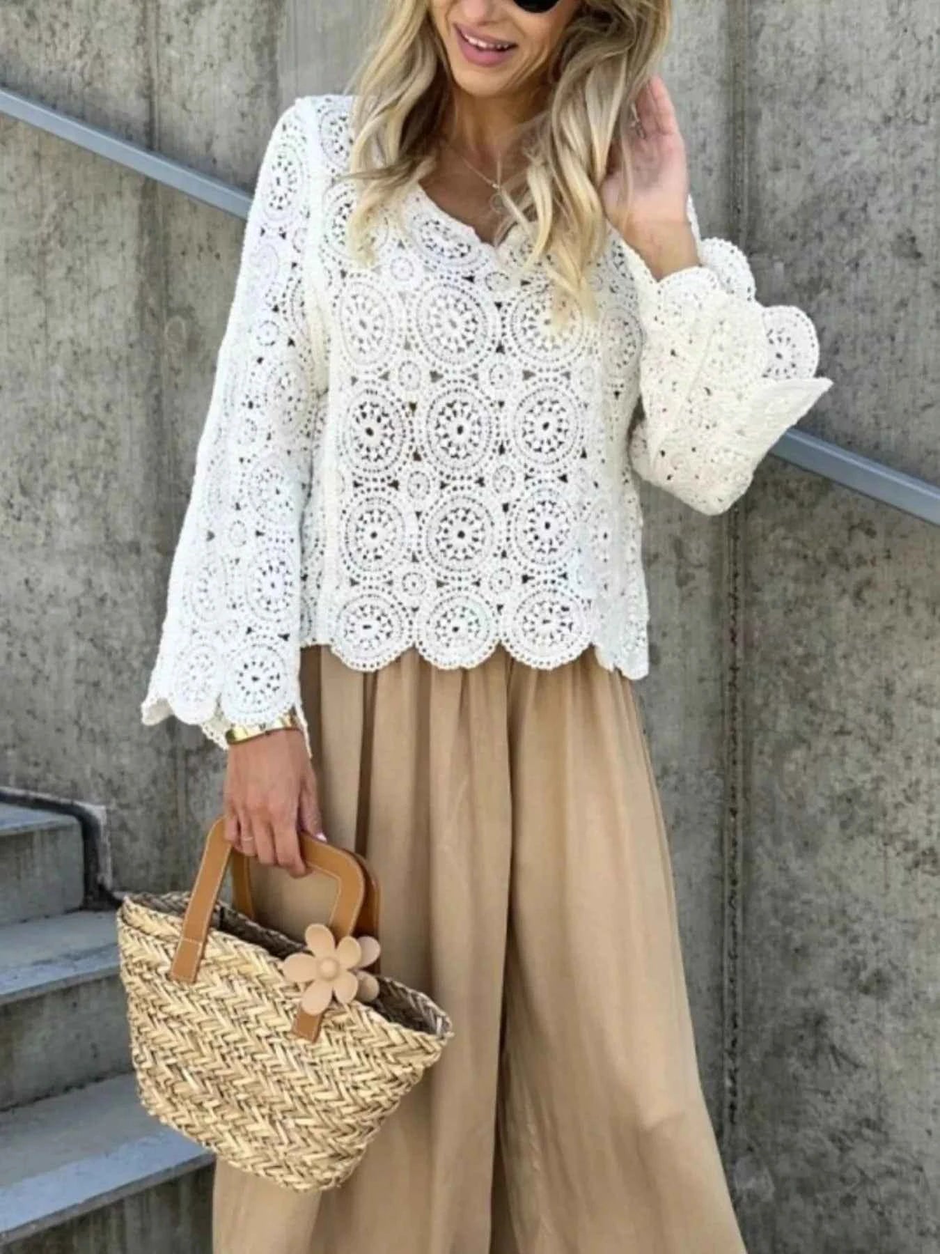 Crochet Lace V-Neck Bell Sleeve Knit Top