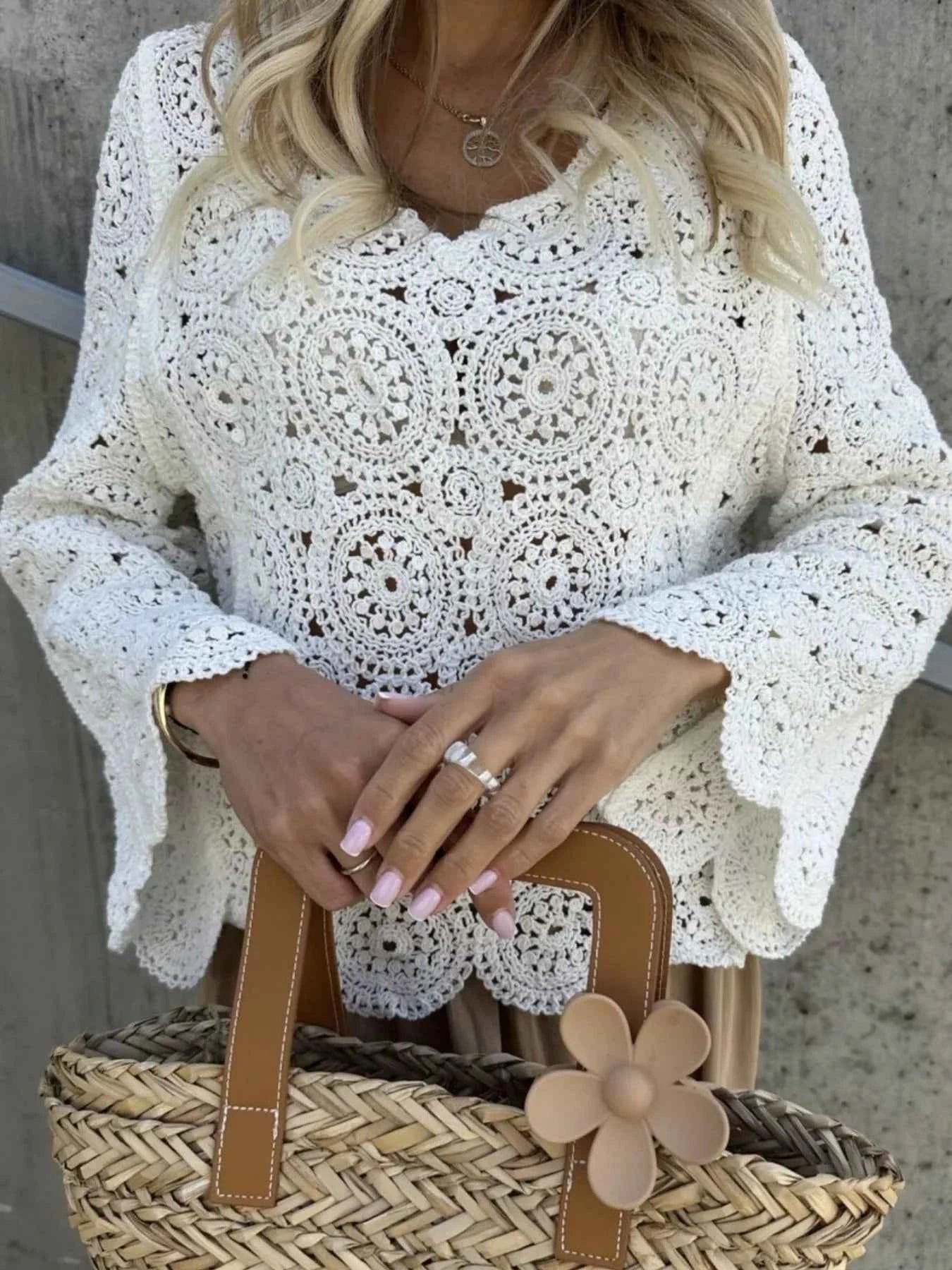 Crochet Lace V-Neck Bell Sleeve Knit Top