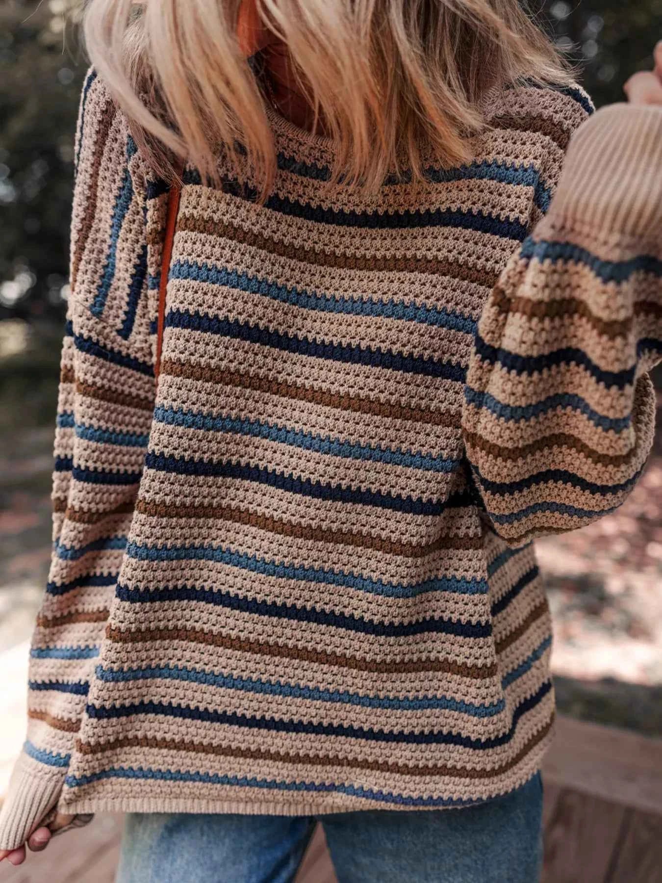 Multicolour Striped Knitted Drop Shoulder Round Neck Sweater