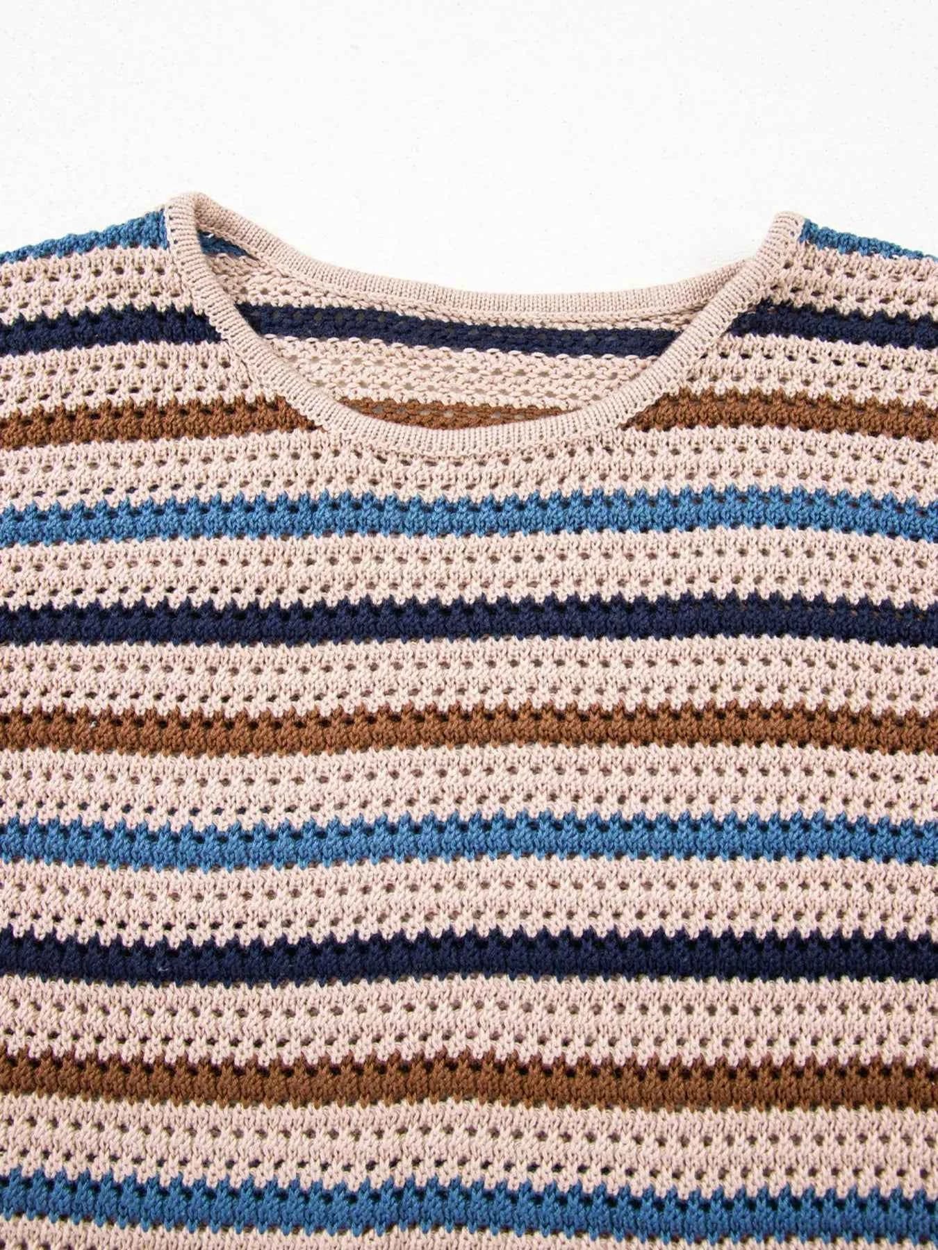 Multicolour Striped Knitted Drop Shoulder Round Neck Sweater