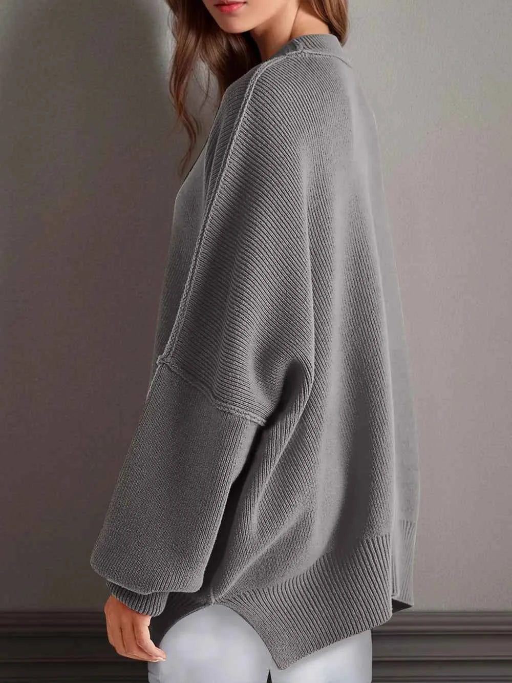 Double Take Side Slit Round Neck Long Sleeve Sweater