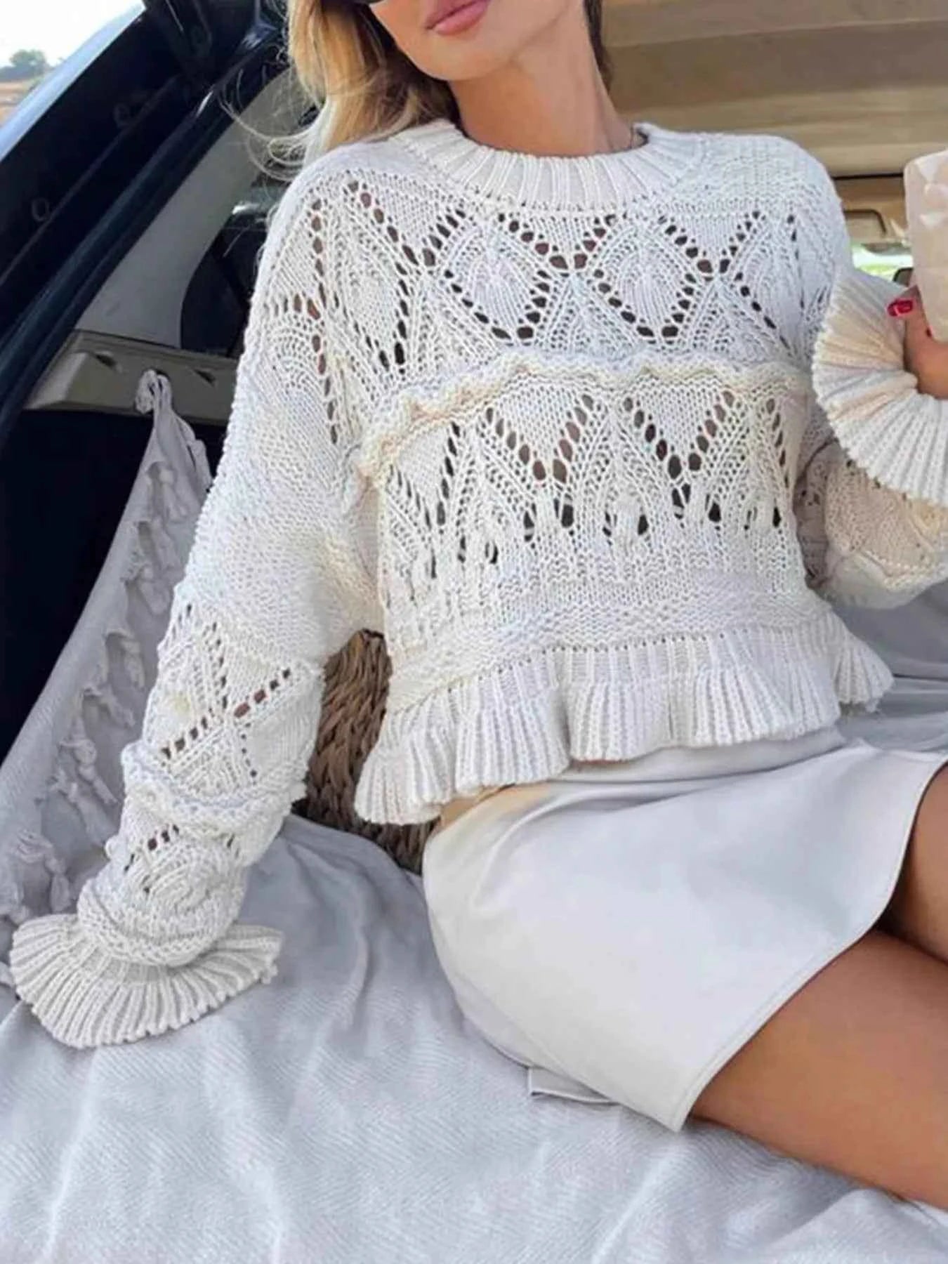Crochet Ruffled Hem Long Sleeve Sweater