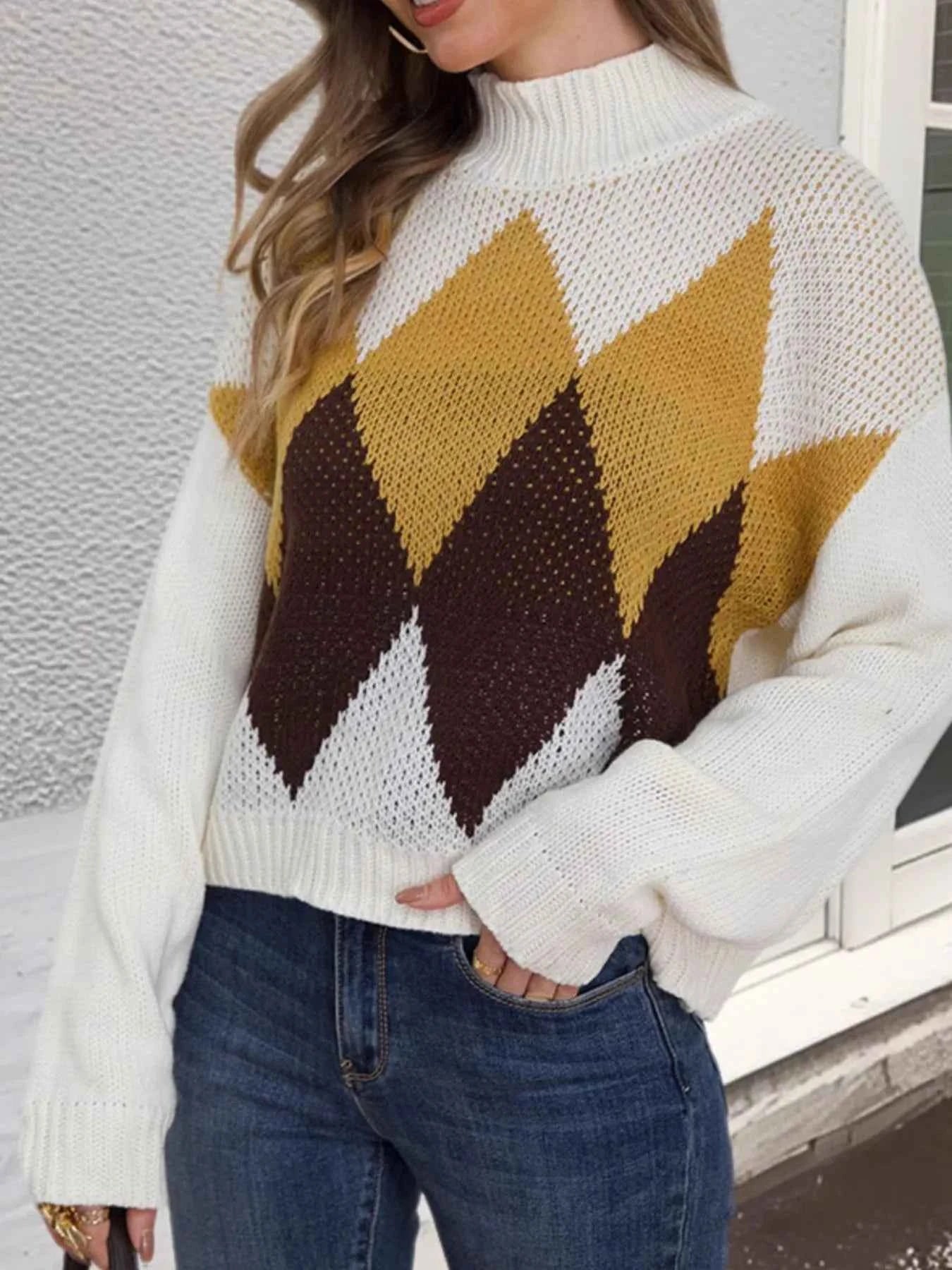 Diamond Pattern Turtleneck Sweater