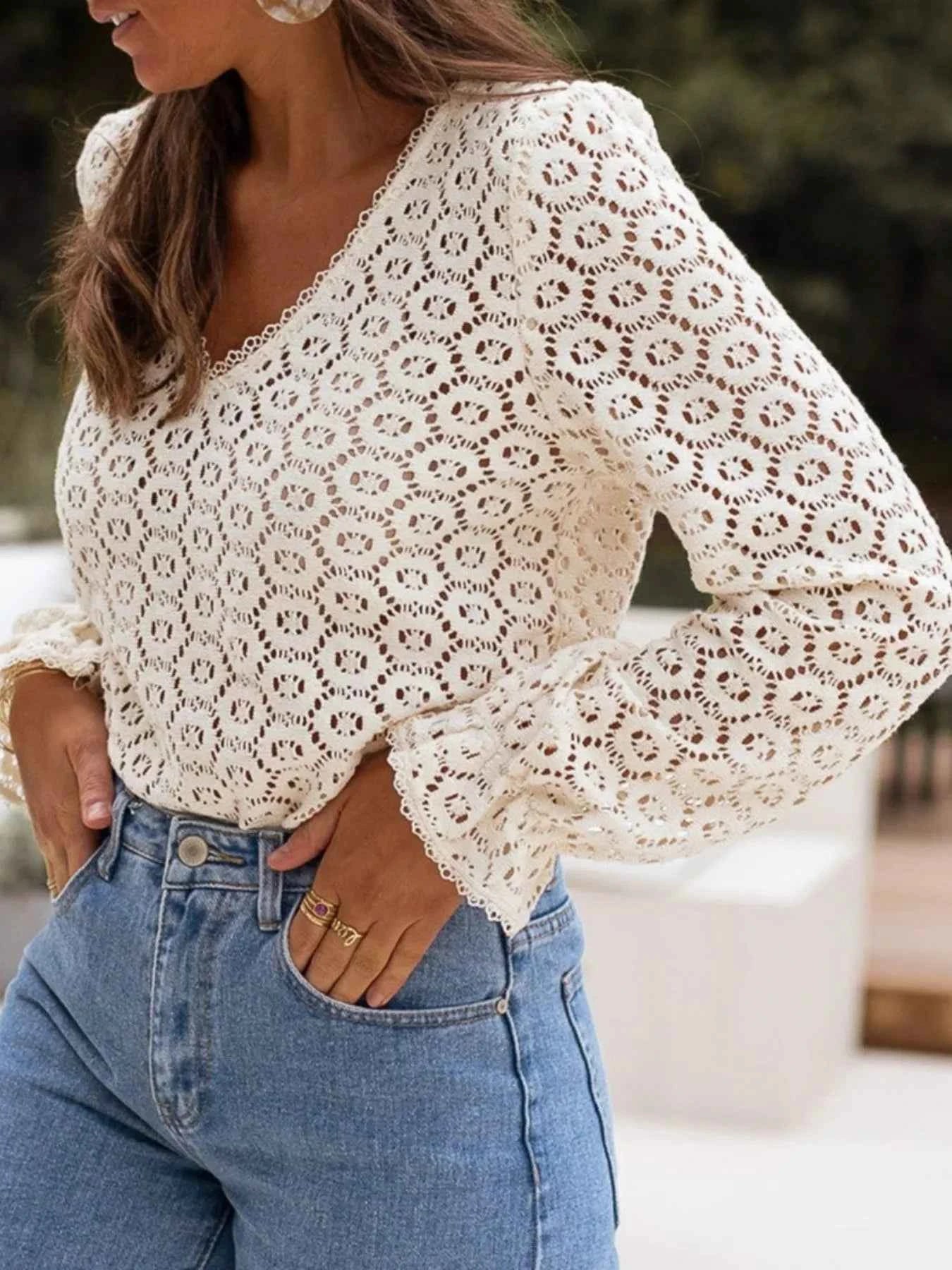 Crochet Lace V-Neck Long Sleeve Blouse