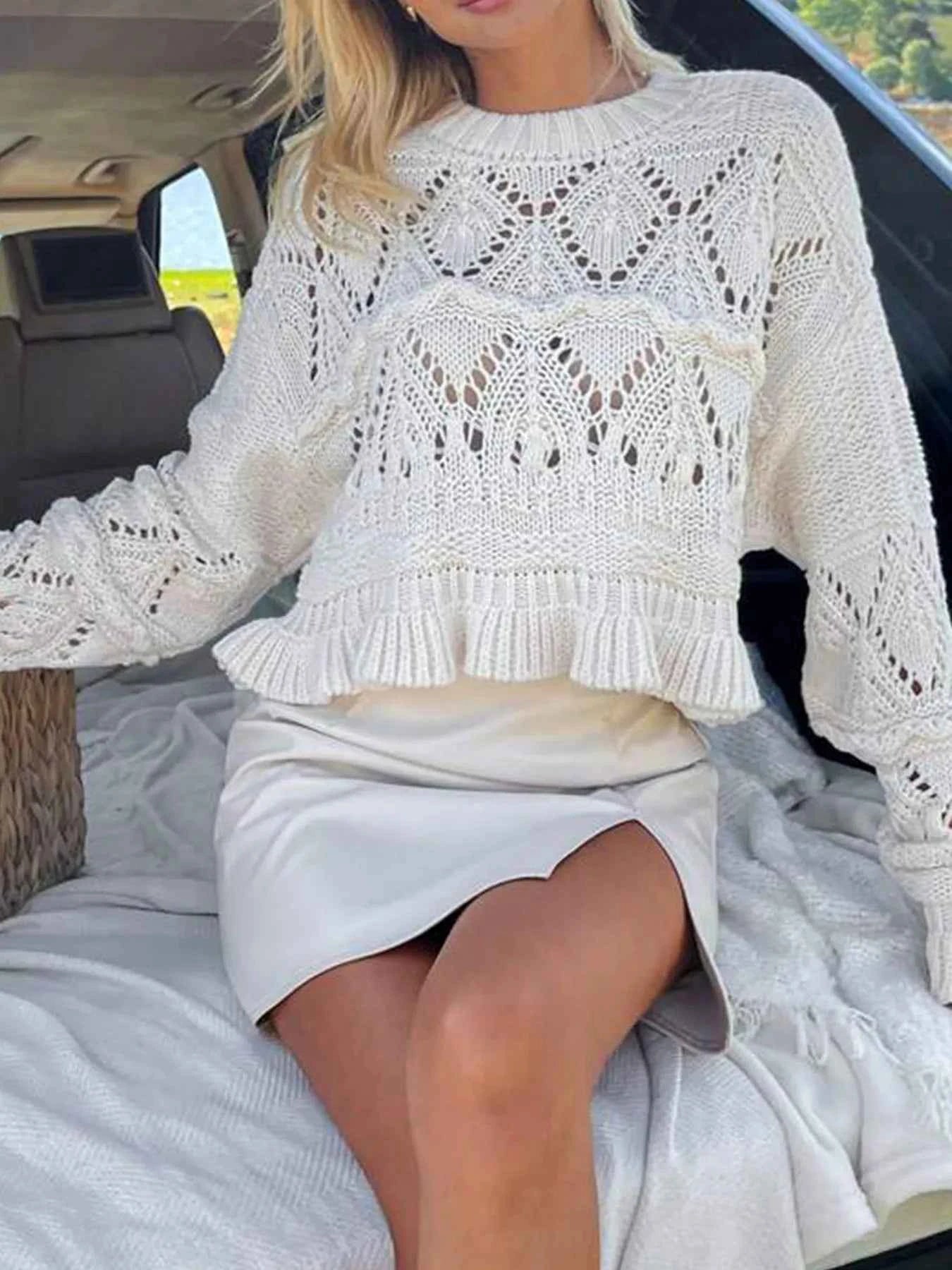 Crochet Ruffled Hem Long Sleeve Sweater