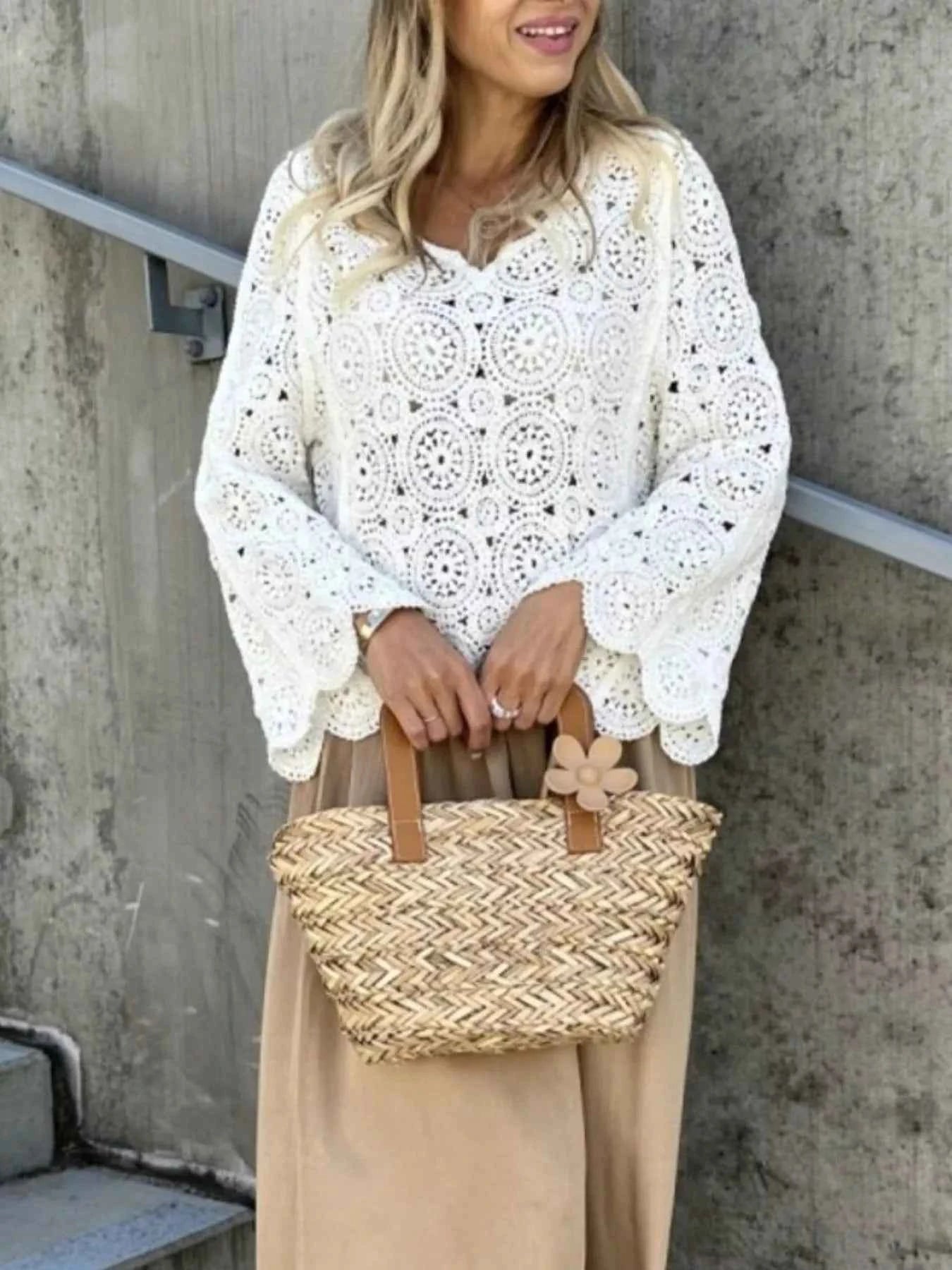 Crochet Lace V-Neck Bell Sleeve Knit Top