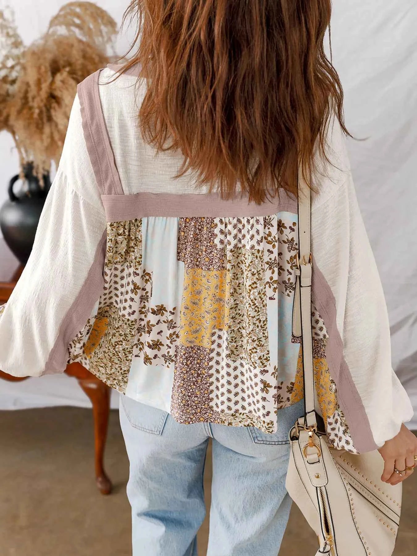 Floral Printed Contrast Patchwork Long Sleeve Top
