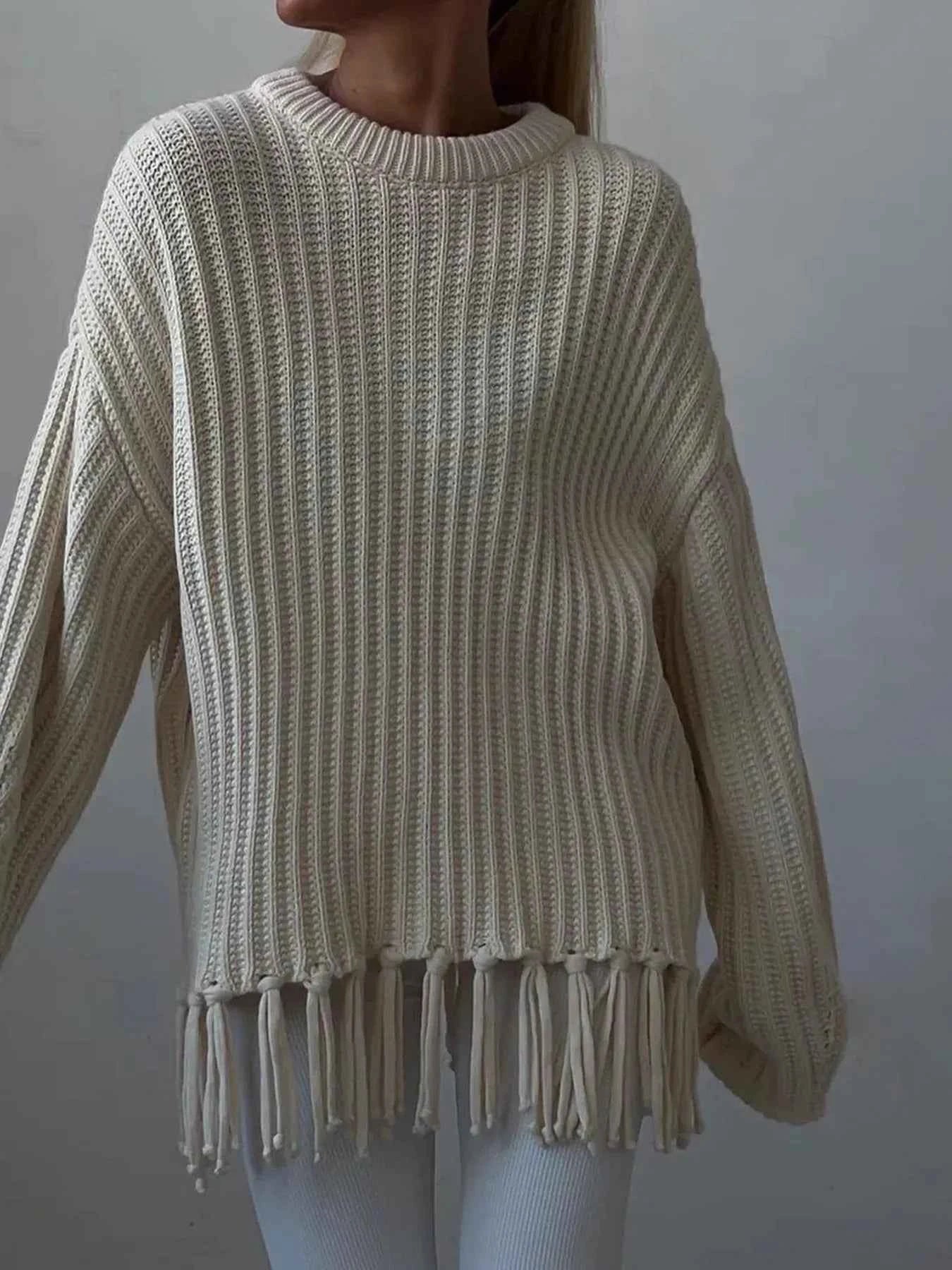 Fringe Round Neck Long Sleeve Sweater