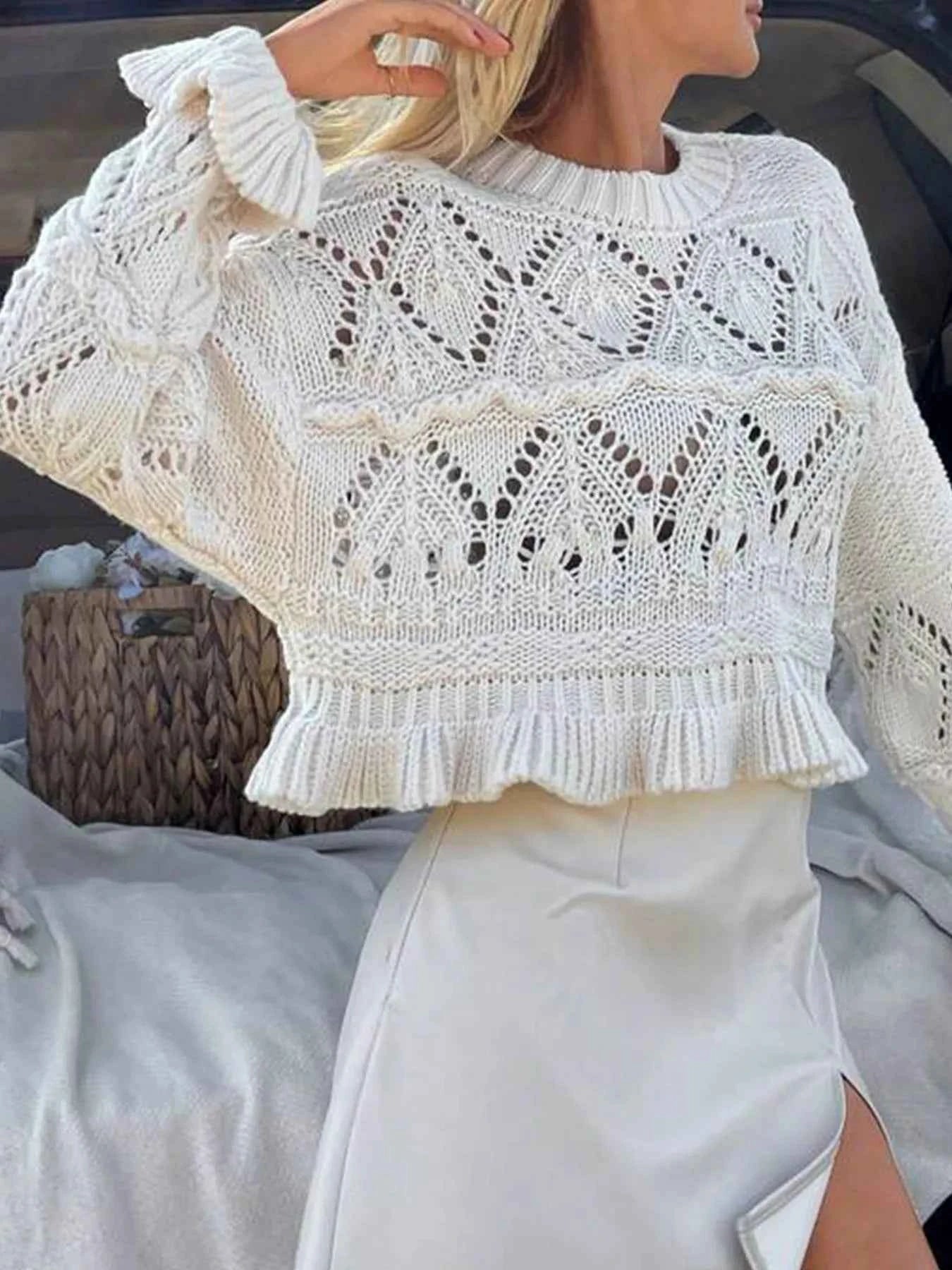 Crochet Ruffled Hem Long Sleeve Sweater