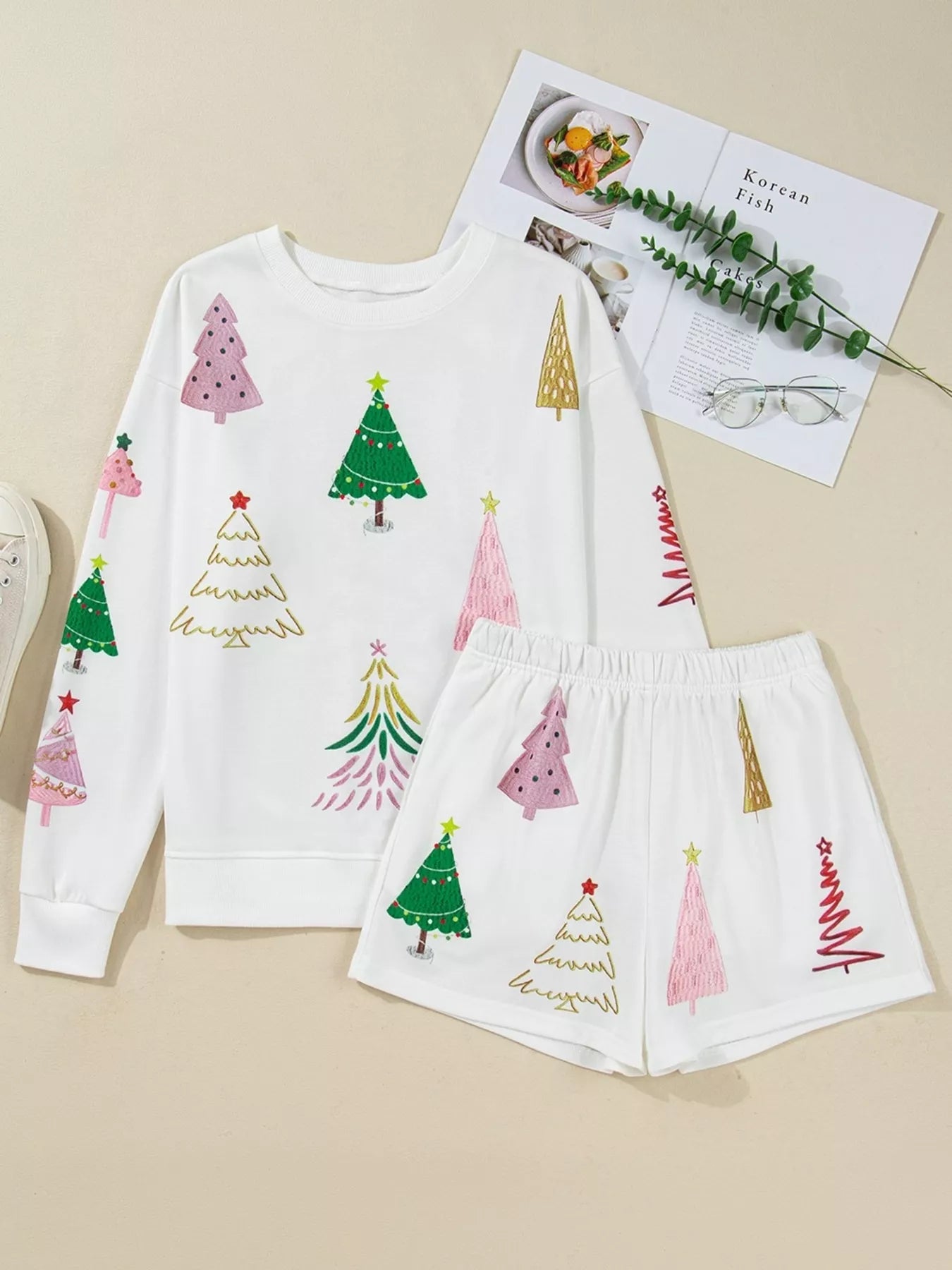 Christmas Tree Round Neck Top and Shorts Set - SUBSTYEL