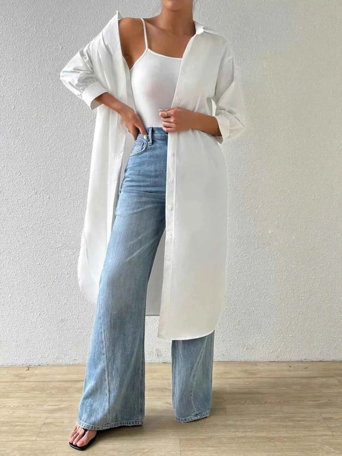 Button-Up Long Sleeve Longline Shirt
