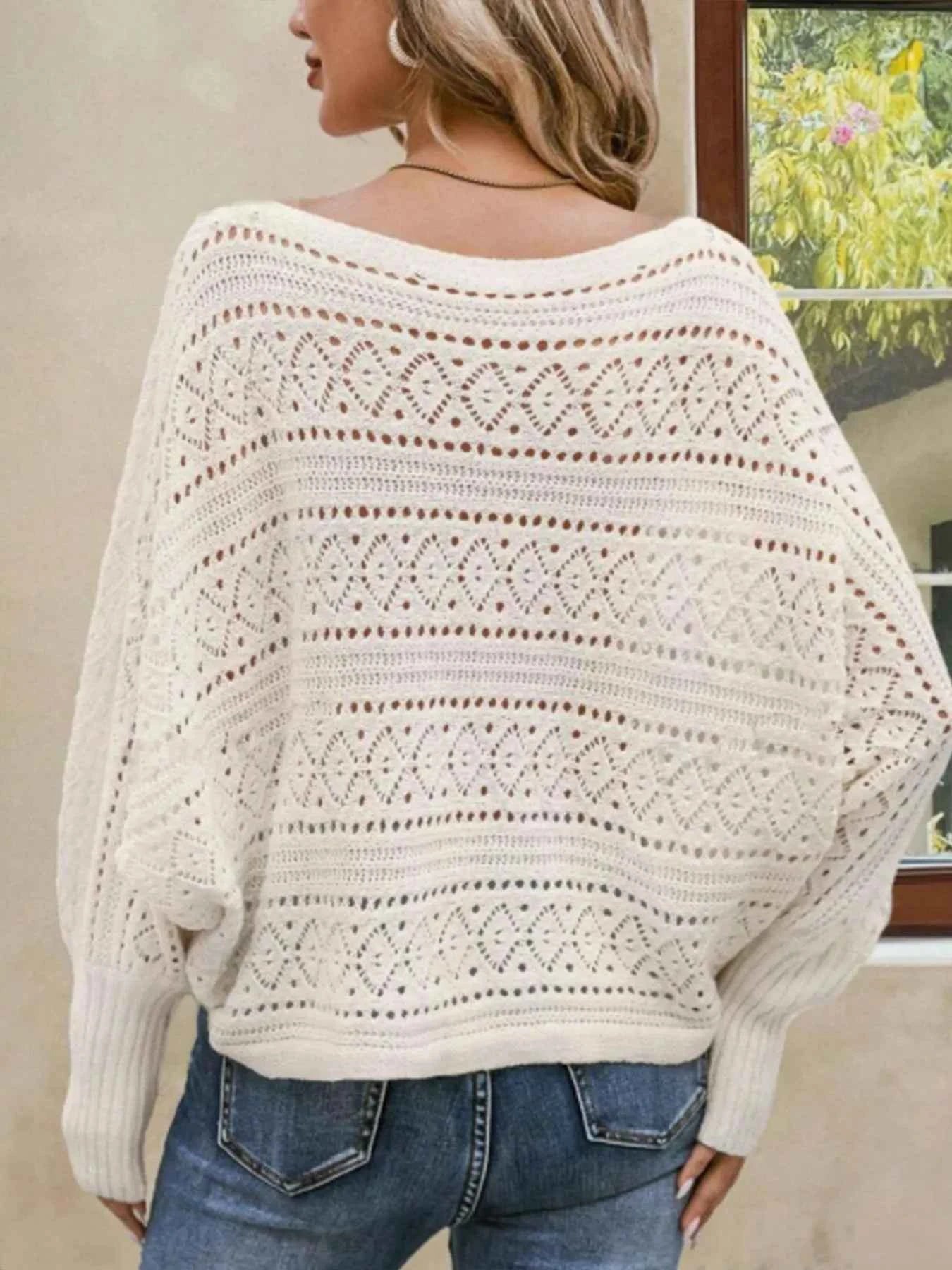 Openwork Boat Neck Lantern Sleeve Sweater