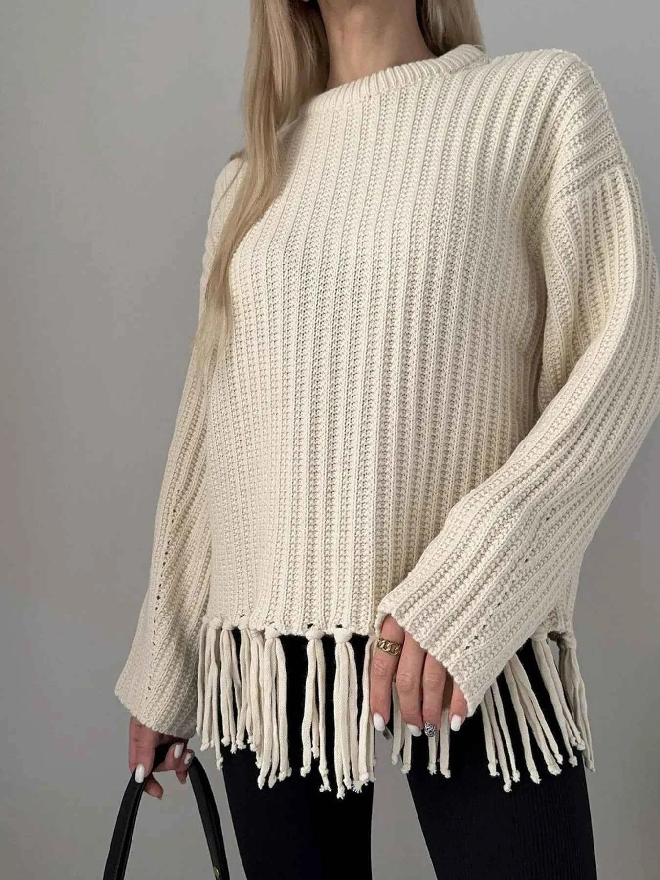 Fringe Round Neck Long Sleeve Sweater