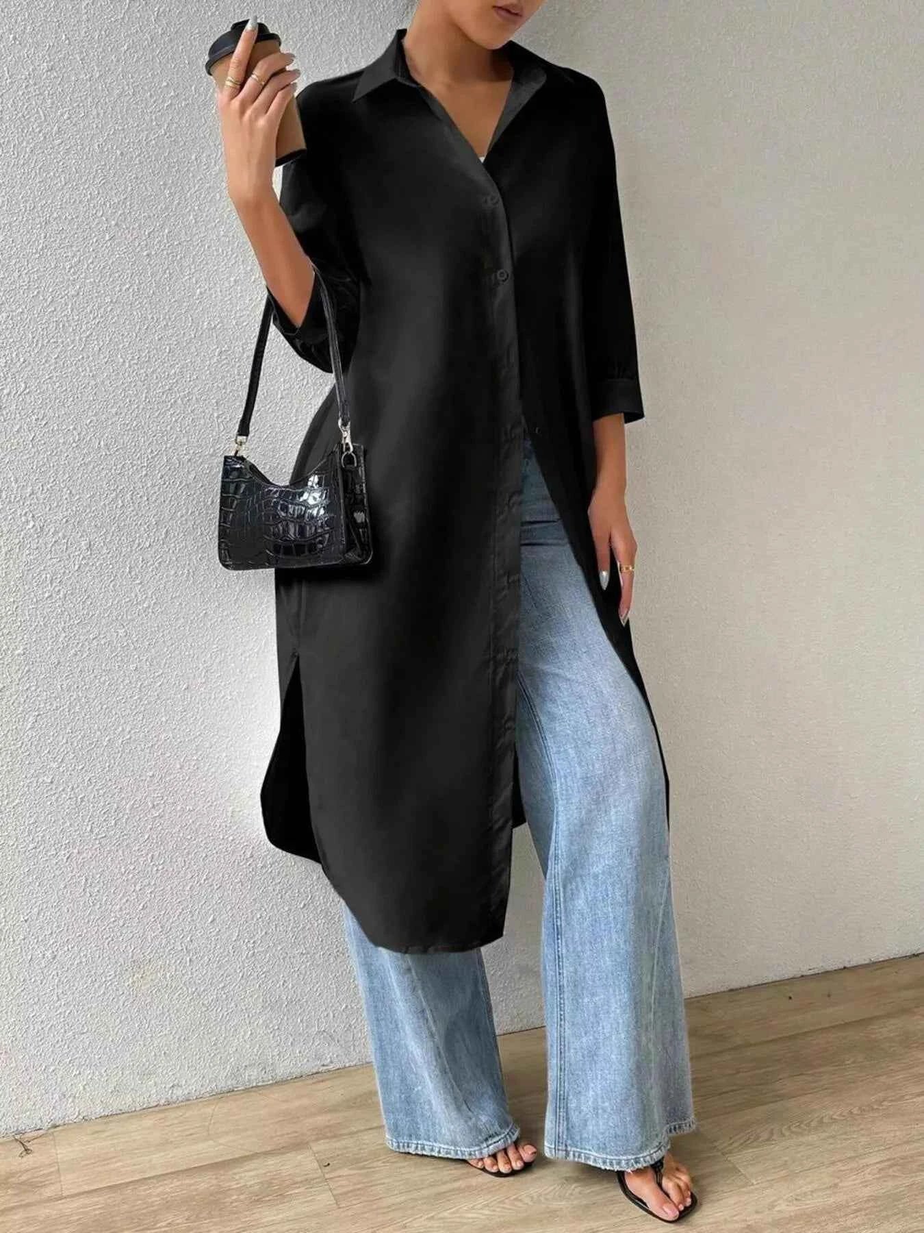 Button-Up Long Sleeve Longline Shirt