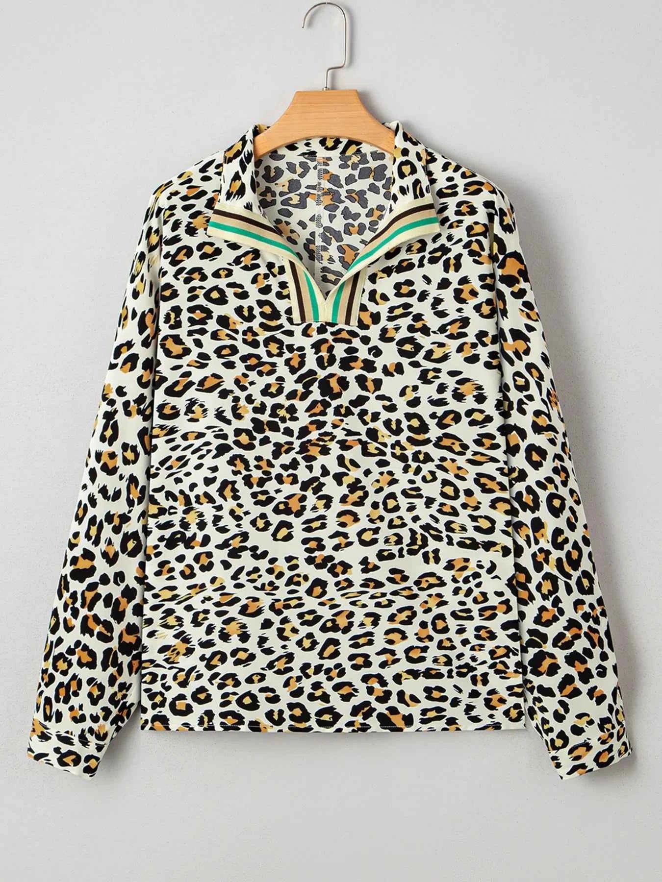 Leopard Print Contrast Striped V Neck Blouse