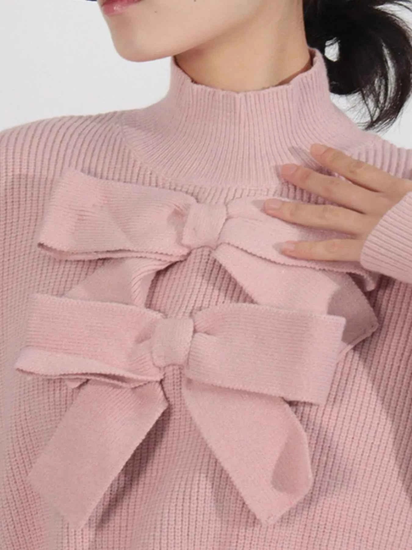 Bow Front Turtleneck Long Sleeve Sweater