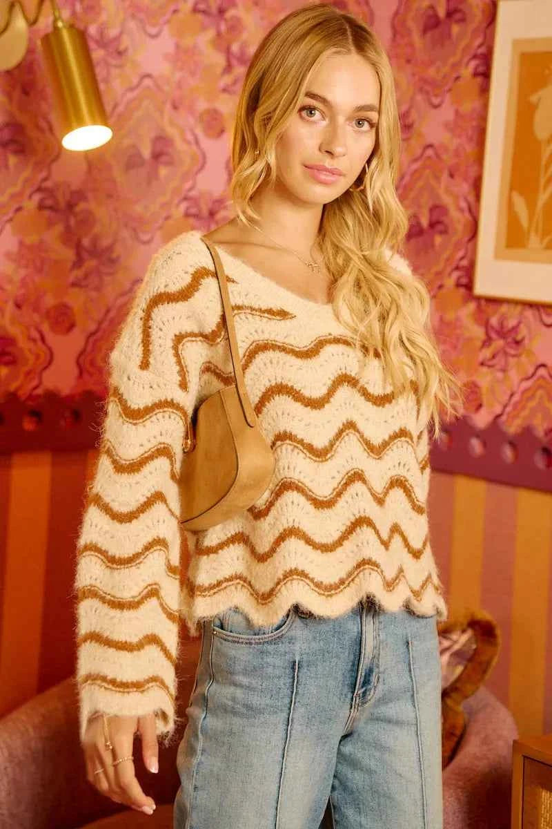 BiBi Wavy Stripes V-Neck Cropped Sweater