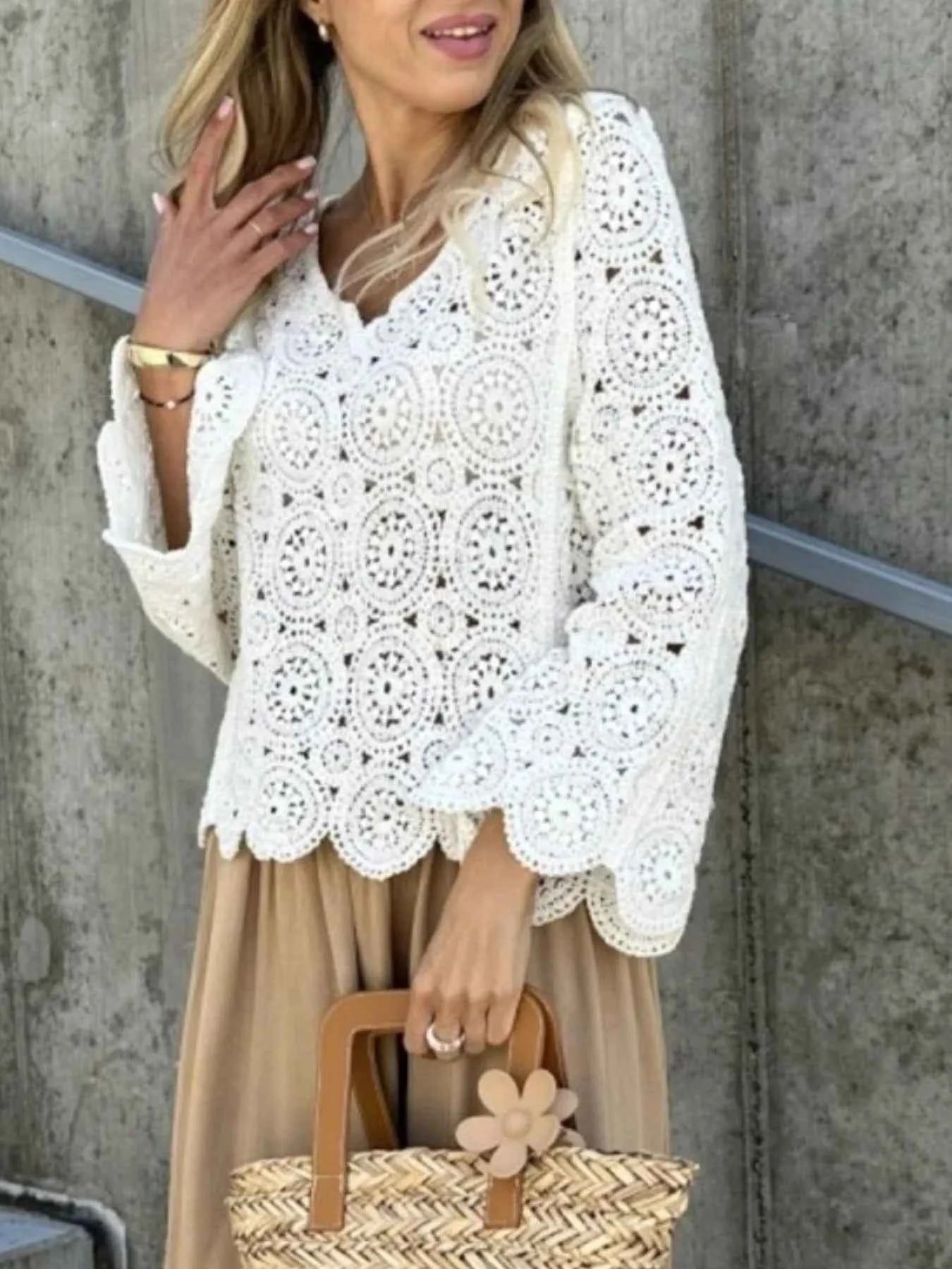 Crochet Lace V-Neck Bell Sleeve Knit Top