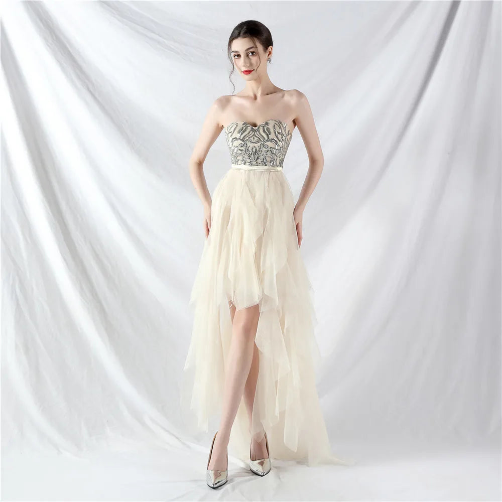 Floral Bead Patchwork Dress with Mesh Strapless Design