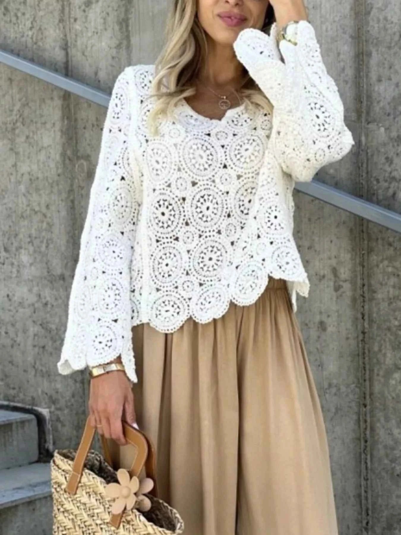 Crochet Lace V-Neck Bell Sleeve Knit Top