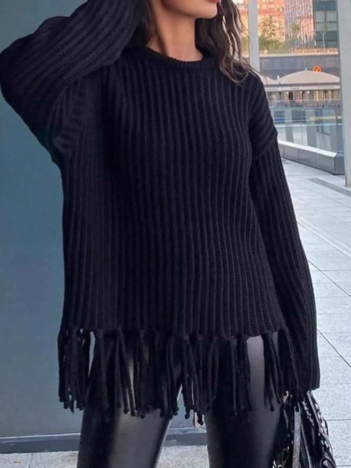 Fringe Round Neck Long Sleeve Sweater