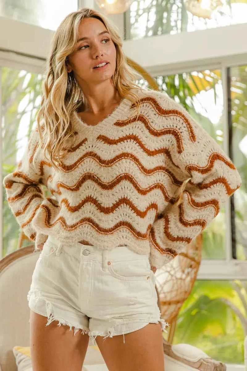 BiBi Wavy Stripes V-Neck Cropped Sweater