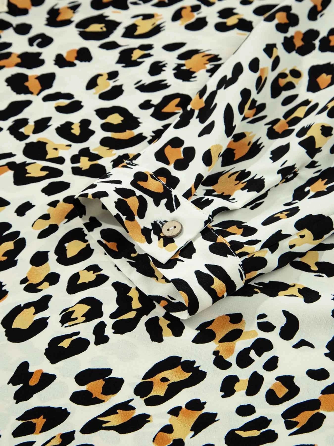 Leopard Print Contrast Striped V Neck Blouse