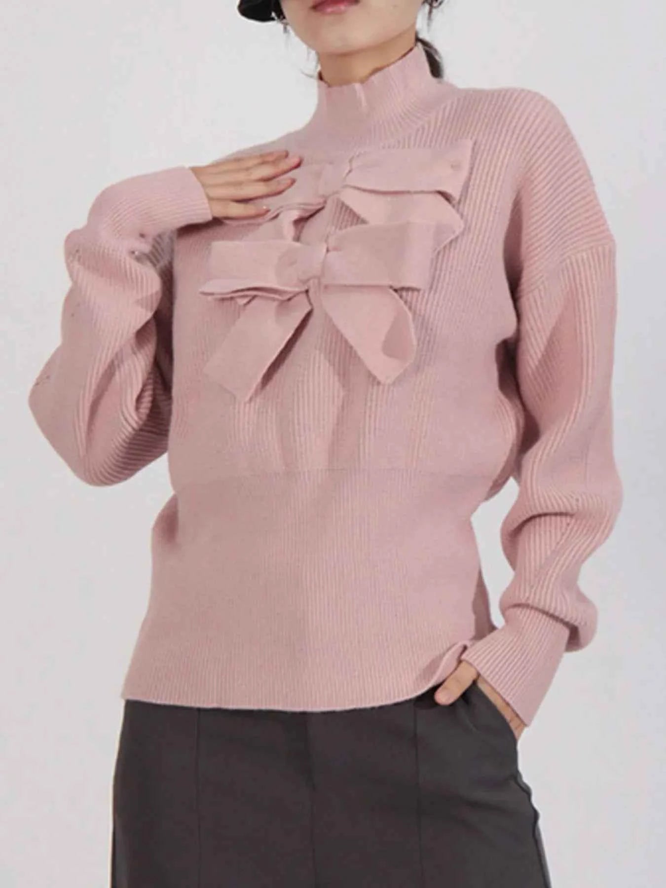 Bow Front Turtleneck Long Sleeve Sweater