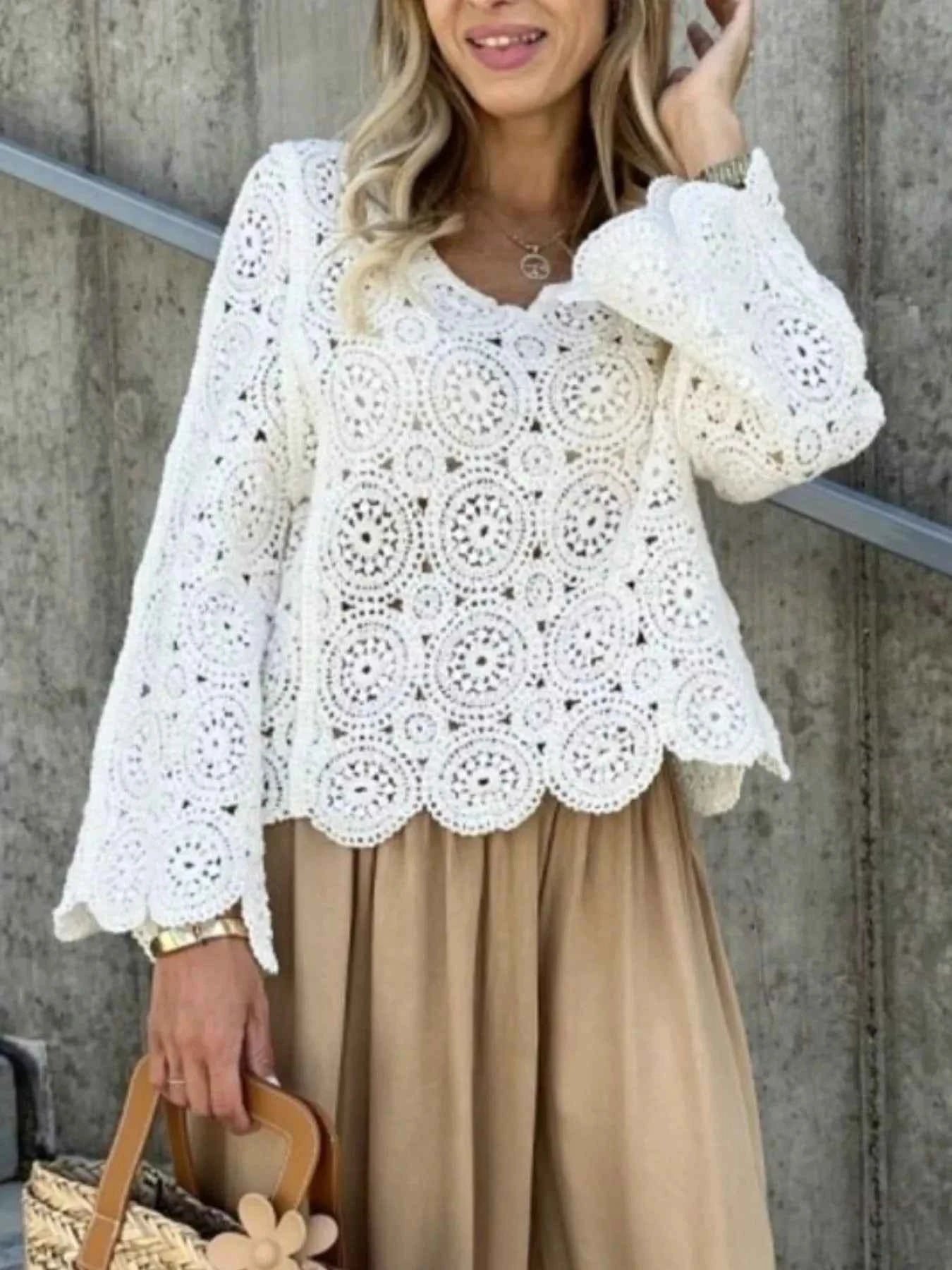 Crochet Lace V-Neck Bell Sleeve Knit Top