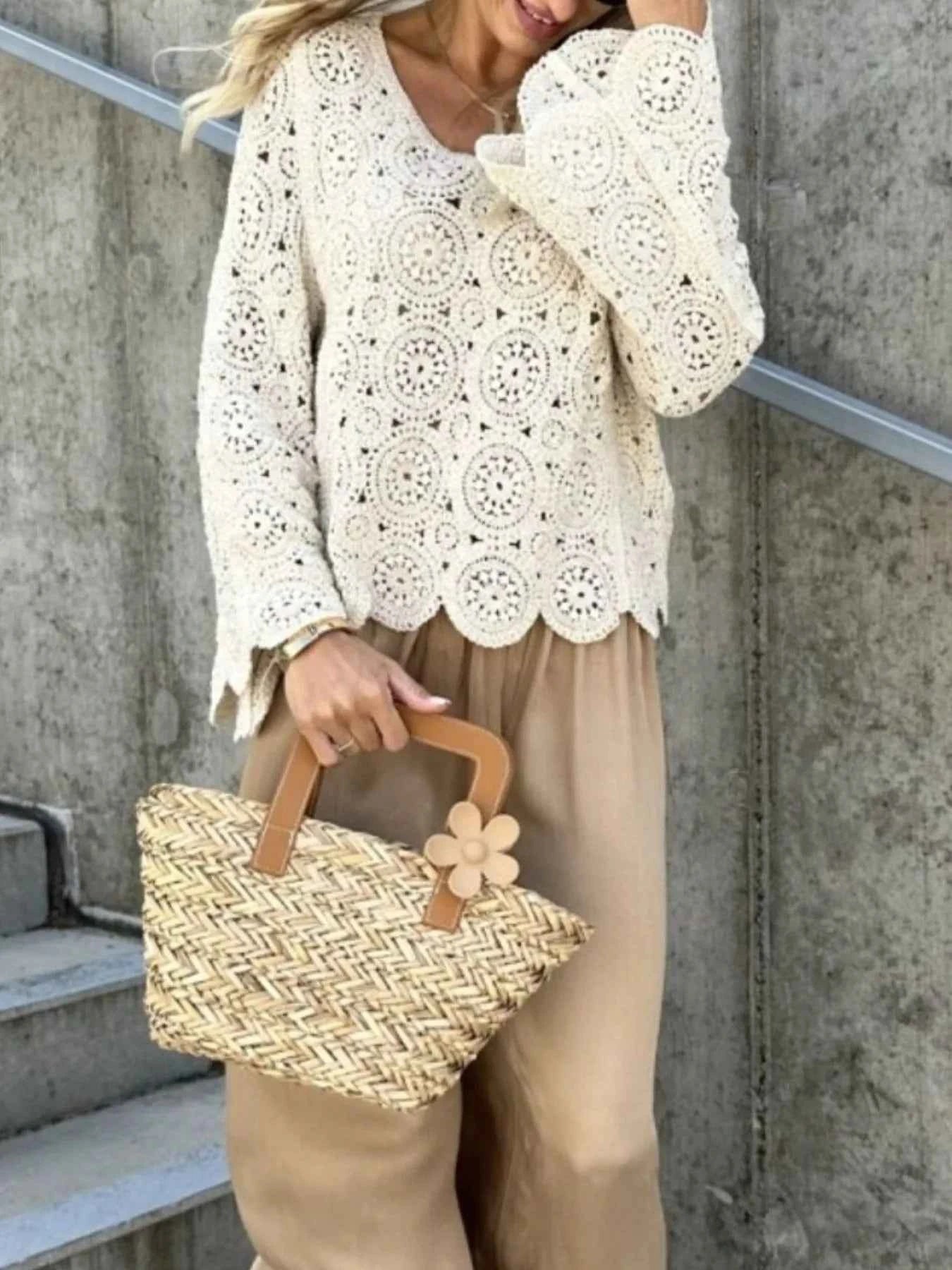 Crochet Lace V-Neck Bell Sleeve Knit Top