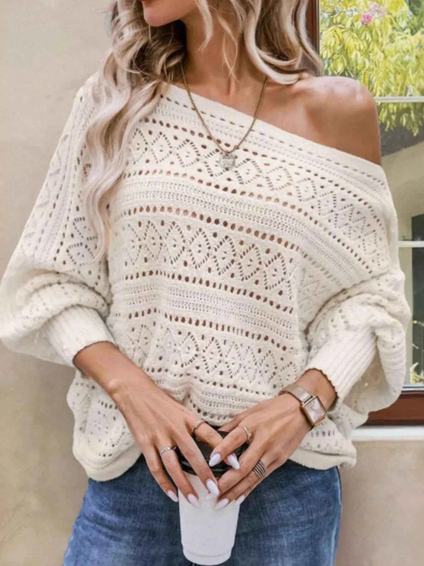 Openwork Boat Neck Lantern Sleeve Sweater